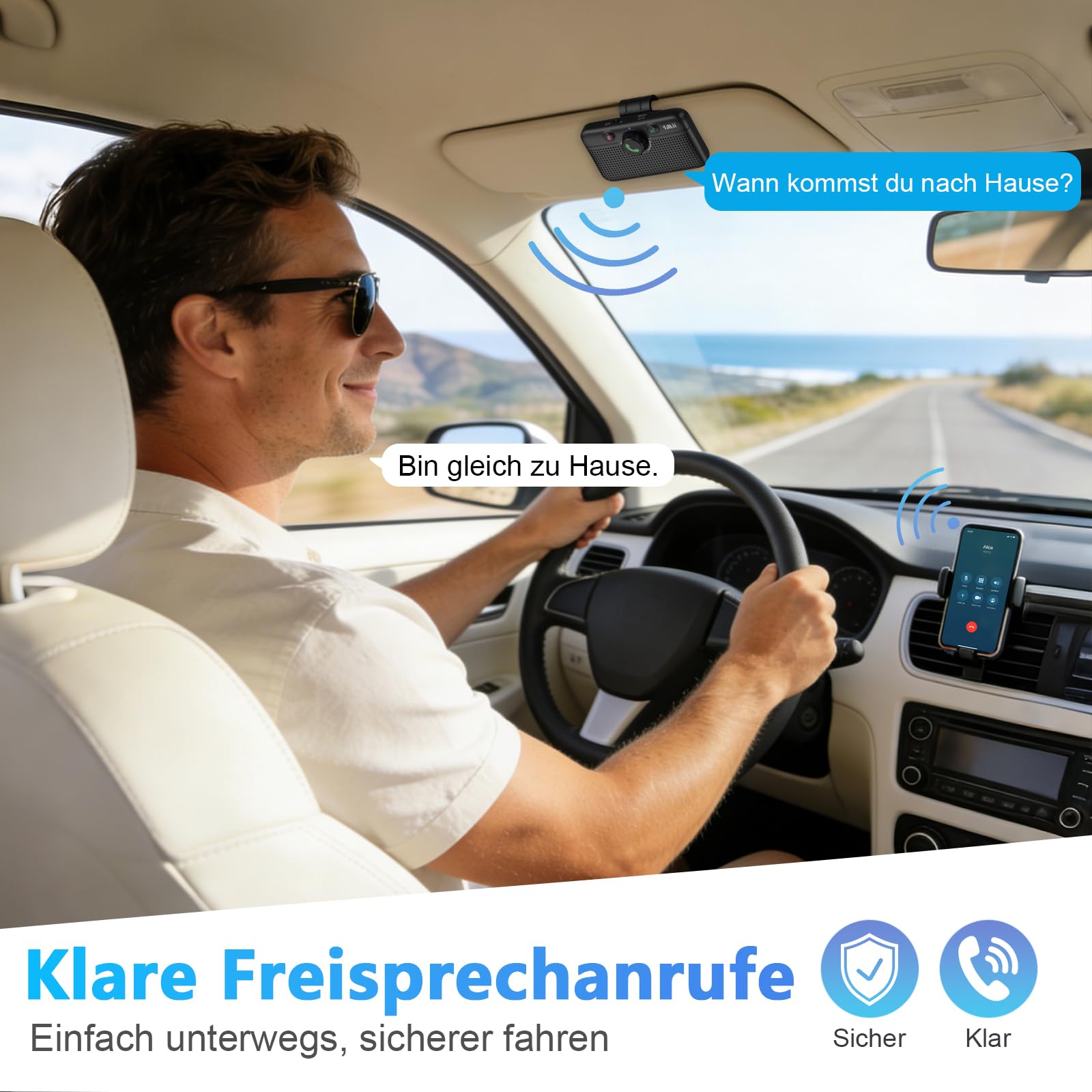 1Mii CarEcho MK02 Bluetooth 6.0 Freisprecheinrichtung für Auto, 5W Lautsprecher für Kristallklare Anrufe, Siri & Google Assistant, Automatisches Einschalten, Dual Verbindung, 35 Std Akku