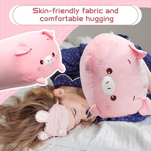 Miniatura 5 de Woanger Almohada de peluche de cerdo de 35.4 pulgadas, linda almohada de peluche de cerdo suave rosa, cuerpo cilíndrico, cerdo gigante, animal de