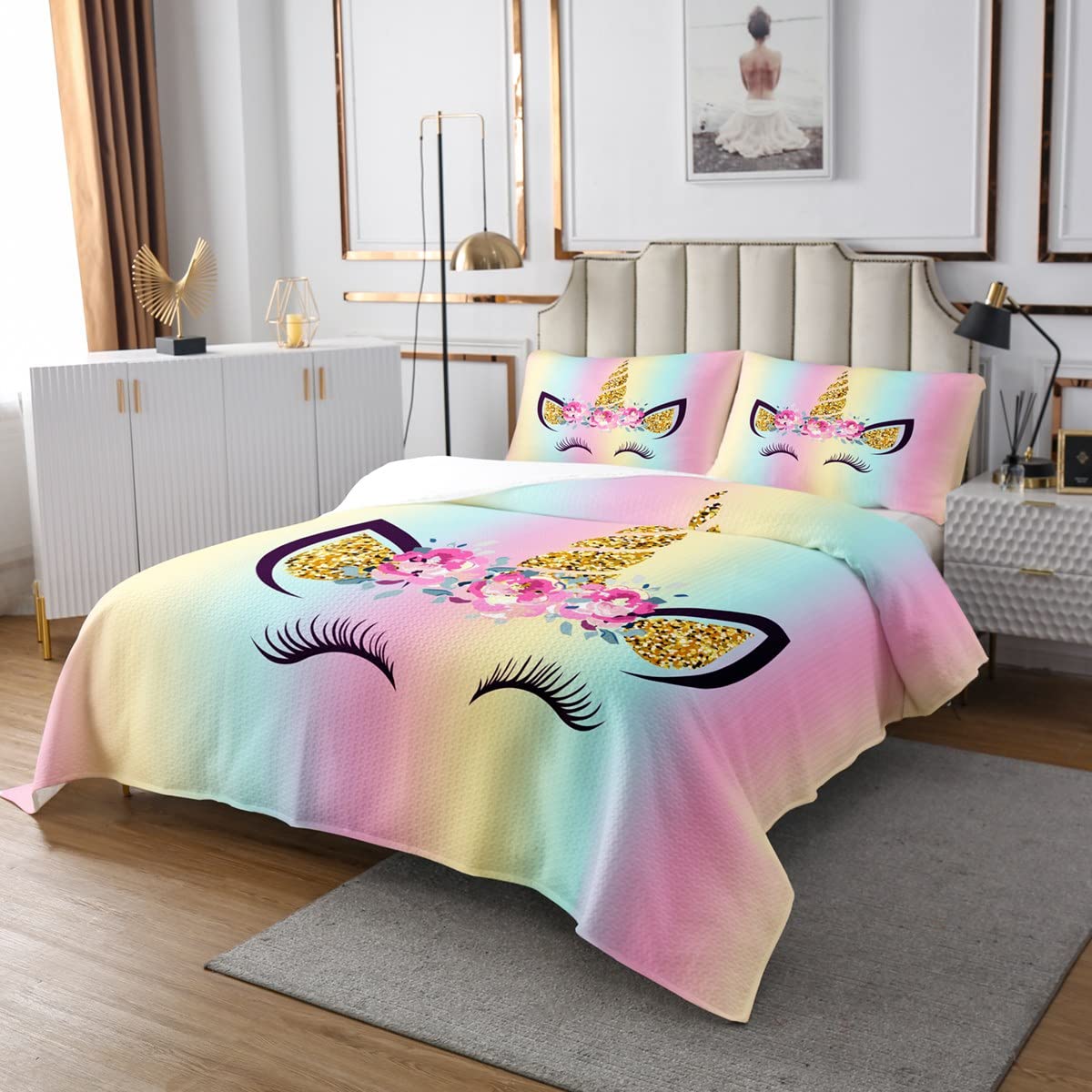 Cute Eyelash Unicorn Kids Bedspread Queen Size,Rainbow Gradient Princess Coverlet Set 3pcs for Girls Women Bedroom Decor,Glitter Sequins Floral Quilted Coverlet,Kawaii Bedding Quilt,2 Pillowcases