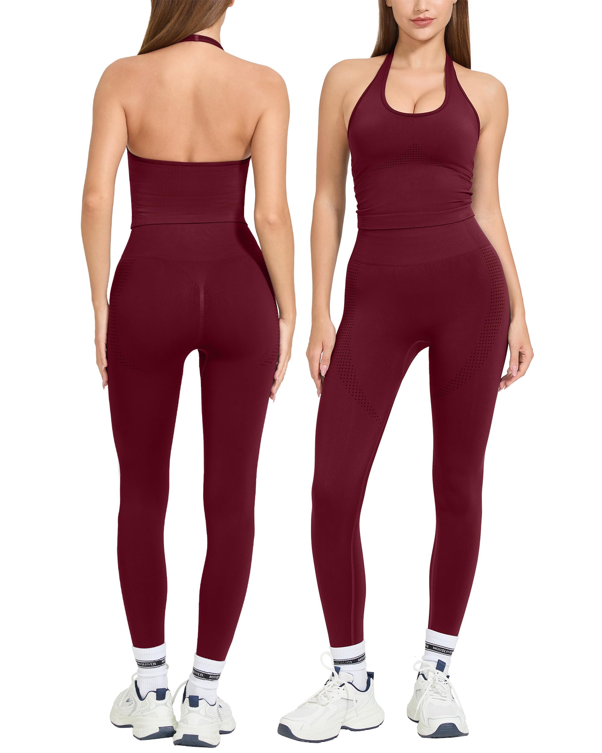 MOOSLOVER Women 2 Piece Workout Sets Halter Sports Bra Butt Lifting Leggings Gym Yoga Outfits
