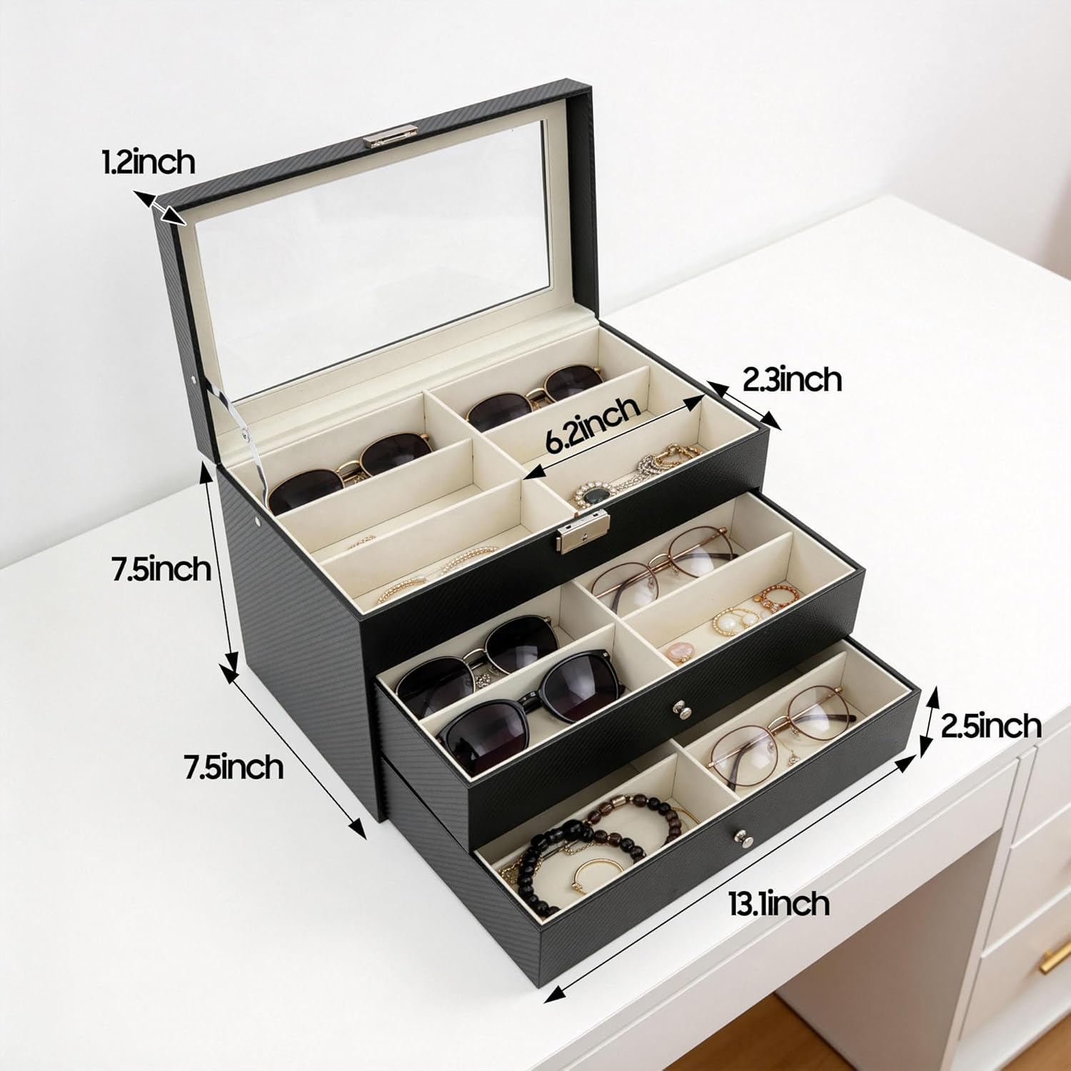 3 Layer 18 Slots Eyeglass Sunglass Storage Box Display Case Black Carbon Fiber Leather Textured Pattern