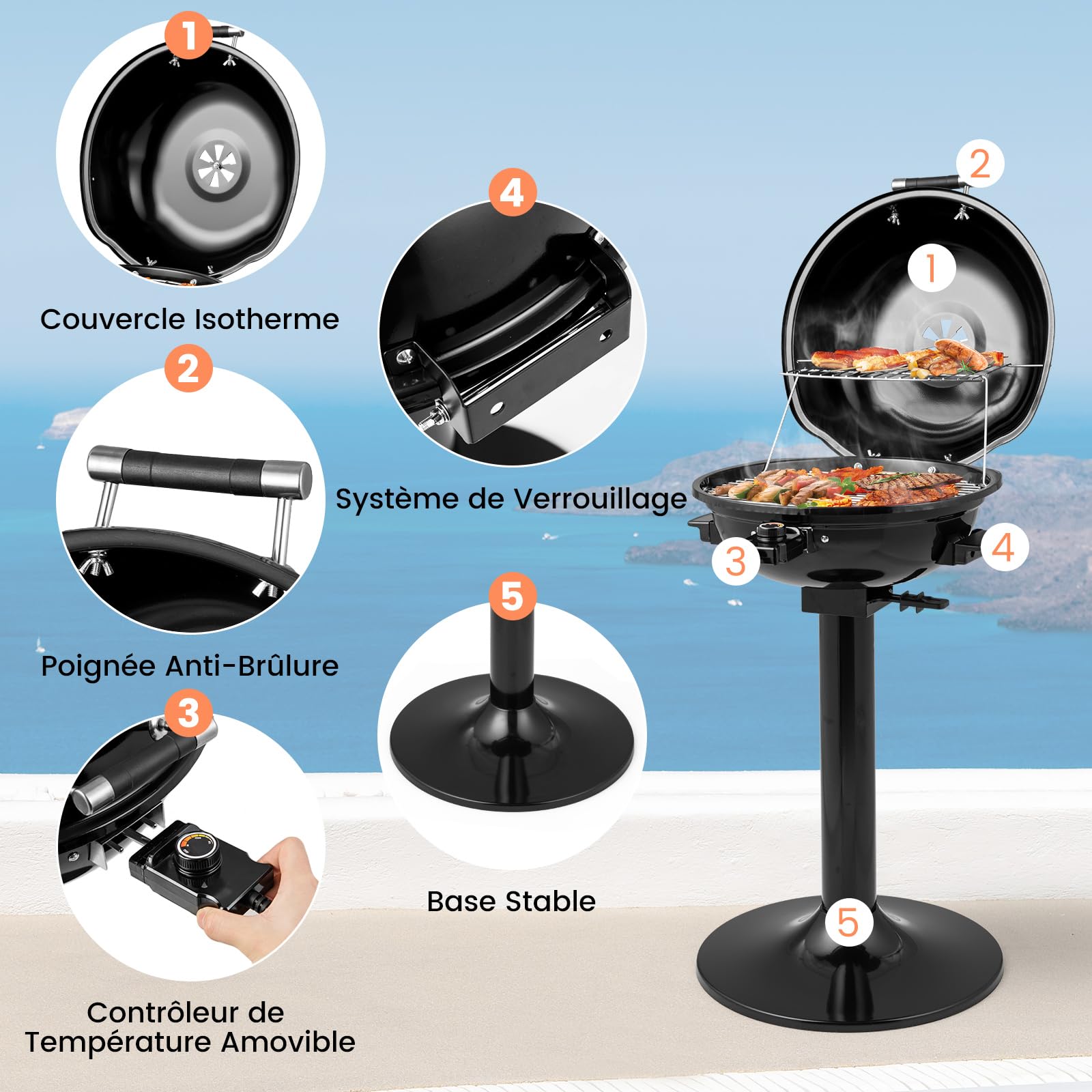 GOPLUS Barbecue Electrique sur Pied φ44CM, 1600W, Température Réglable de 93-218℃, Chauffage Rapide, Grille de Cuisson Métallique, Bac à Graisse et Thermomètre Amovible, pour Intérieur & Extérieur