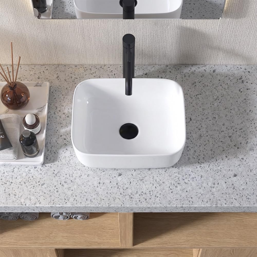 Rectangular Vessel Sink, 16"x12" White Ceramic Modern Above Counter Porcelain Bathroom Vanity Sink, Art Basin for Small Bathrooms With Faucet and Drain Combo