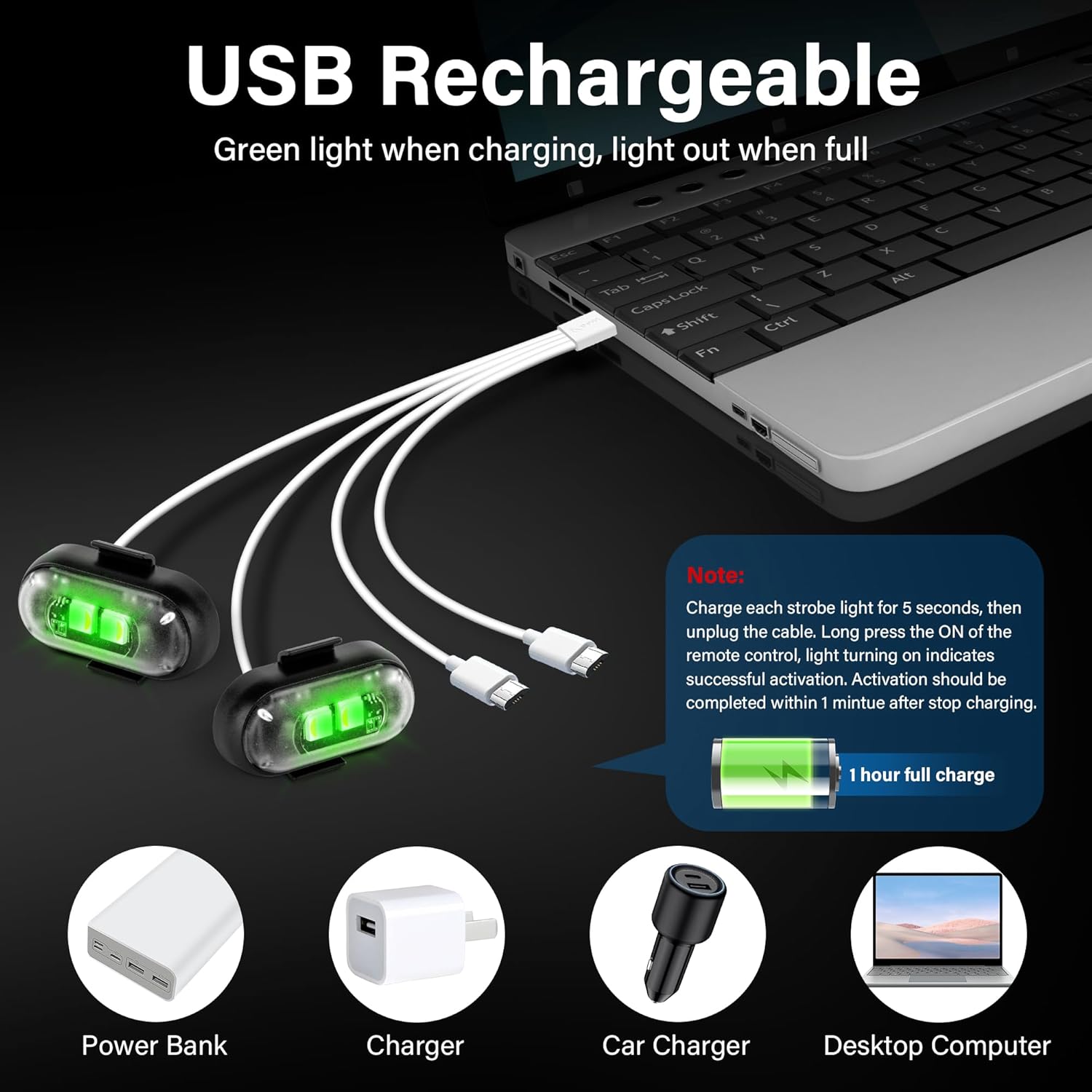 Wireless LED Lights for Car 8PCS with Remote Control, Wireless LED Strobe Lights 8 Colors USB Charge IP65 Waterproof Anti-Collision for Car Motorcycle Drone RC Aircraft Bike, Black
