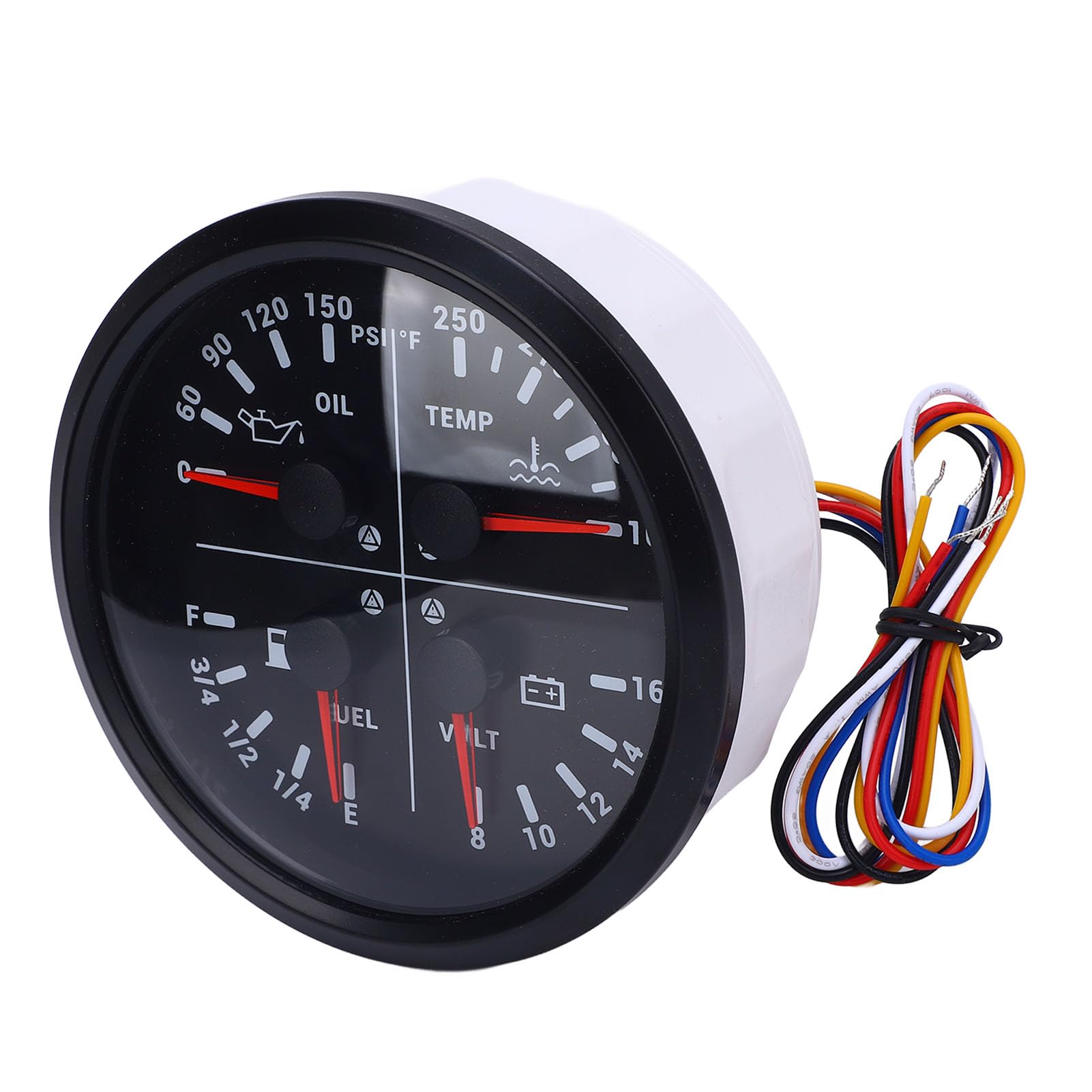 Wielofunkcyjny Miernik 4 w 1 DC 12V 0-150PSI dla RV Ciężarówka do łodzi, Szeroki Zakres Ciśnienia Temperatura Wody Poziom Paliwa Woltomierz (Czarna tarcza, czarna ramka)