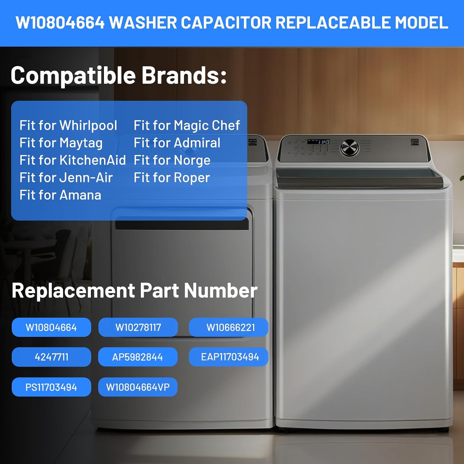 W10804664 W10278117 AP5982844 Washing Machine Run Capacitor Replacement for Whirlpool Washer Capacitor, Replace W10666221 W10804664VP 4247711 EAP11703494 PS11703494, Fit for Whirlpool Maytag Kenmore