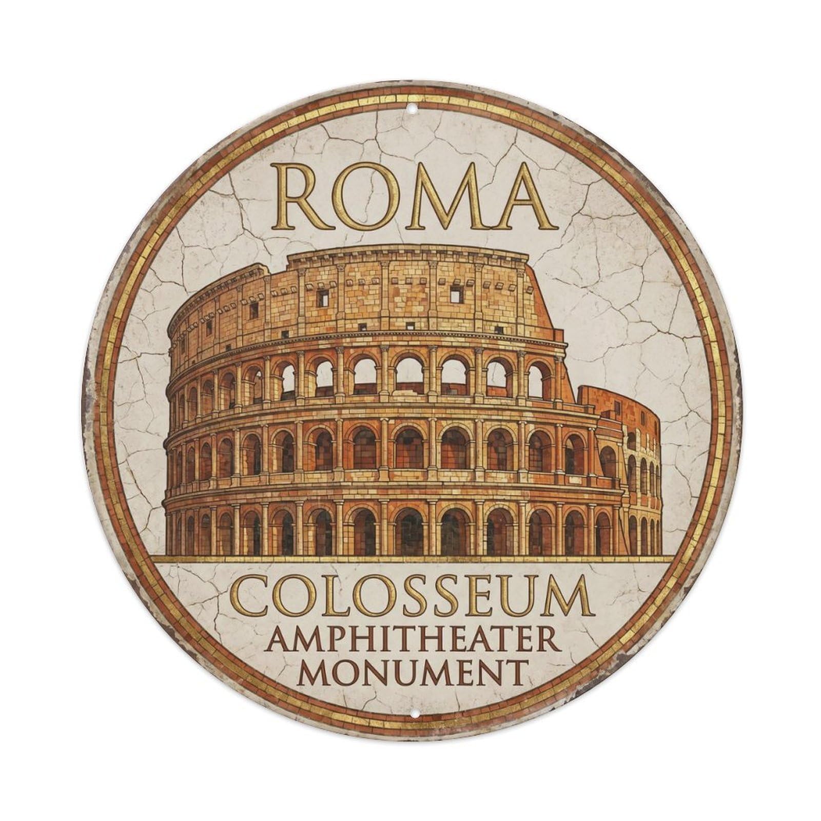 Vintage Travel Colosseum Rome Amphitheater Metal Tin Sign Plaque Wall Decor for Cafe, Club, Garden Round Metal Poster 8x8Inch