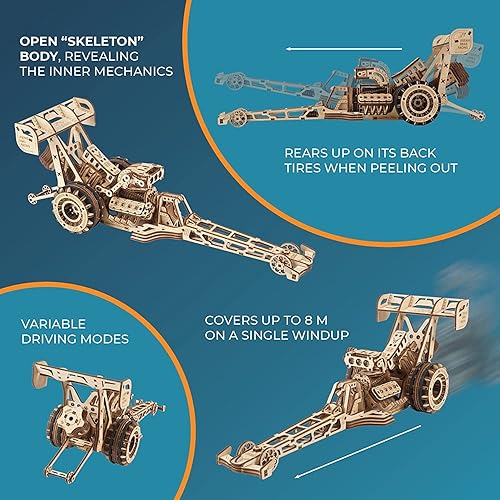Miniatura 2 de UGEARS Dragster - Kit de modelo de coche - Top Fuel Dragster Model Kits 3D Puzzle con potente motor de resorte, kits de autos de carreras de