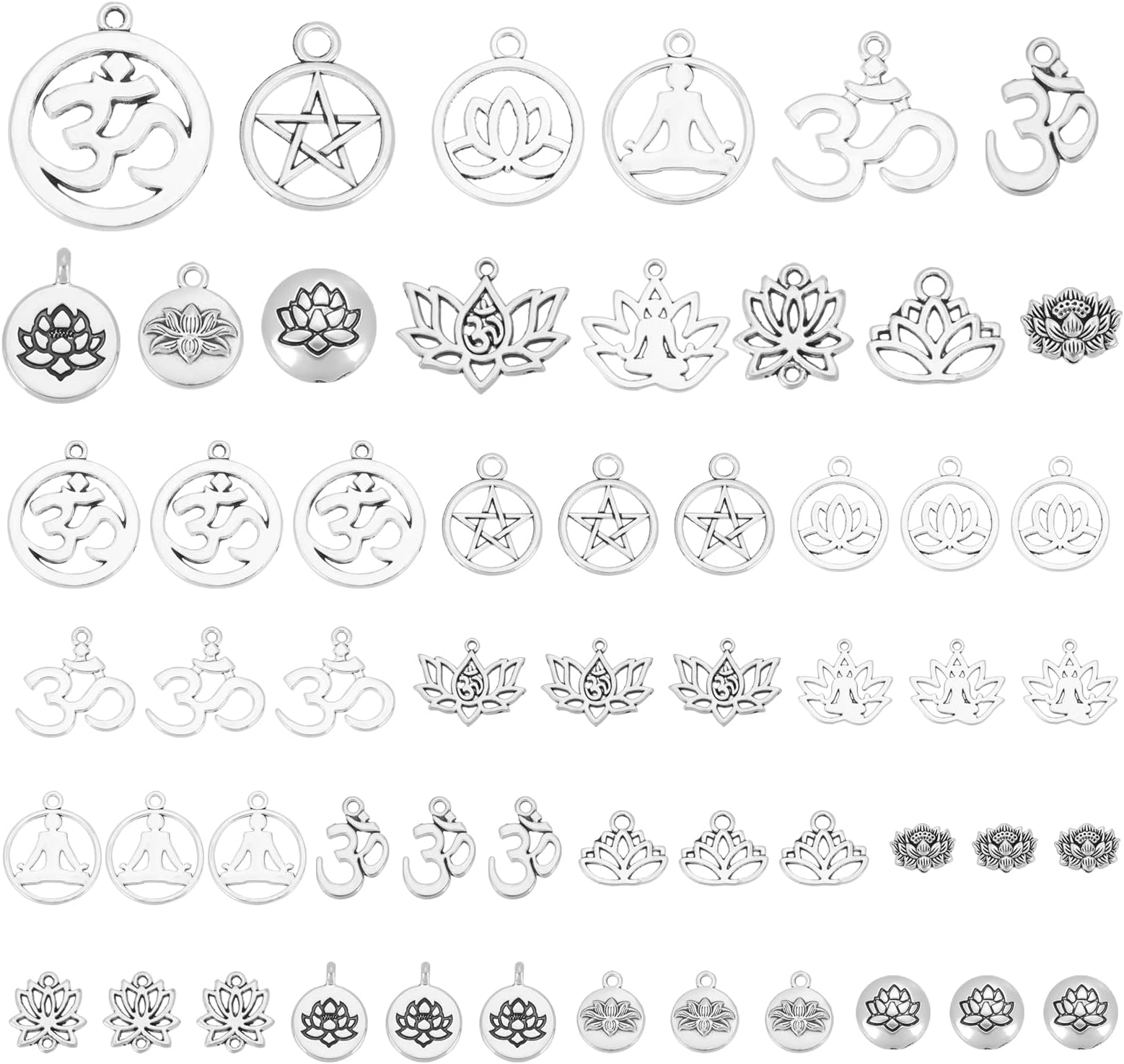 PH PandaHall 14 Styles Lotus Flower Charms, 56pcs Yoga Charms Indian Chakra Charm Tibetan Alloy OM Hollow Pendants Beads for Diwali Jewelry Bracelet Necklace Earring Keychain Making DIY Crafts