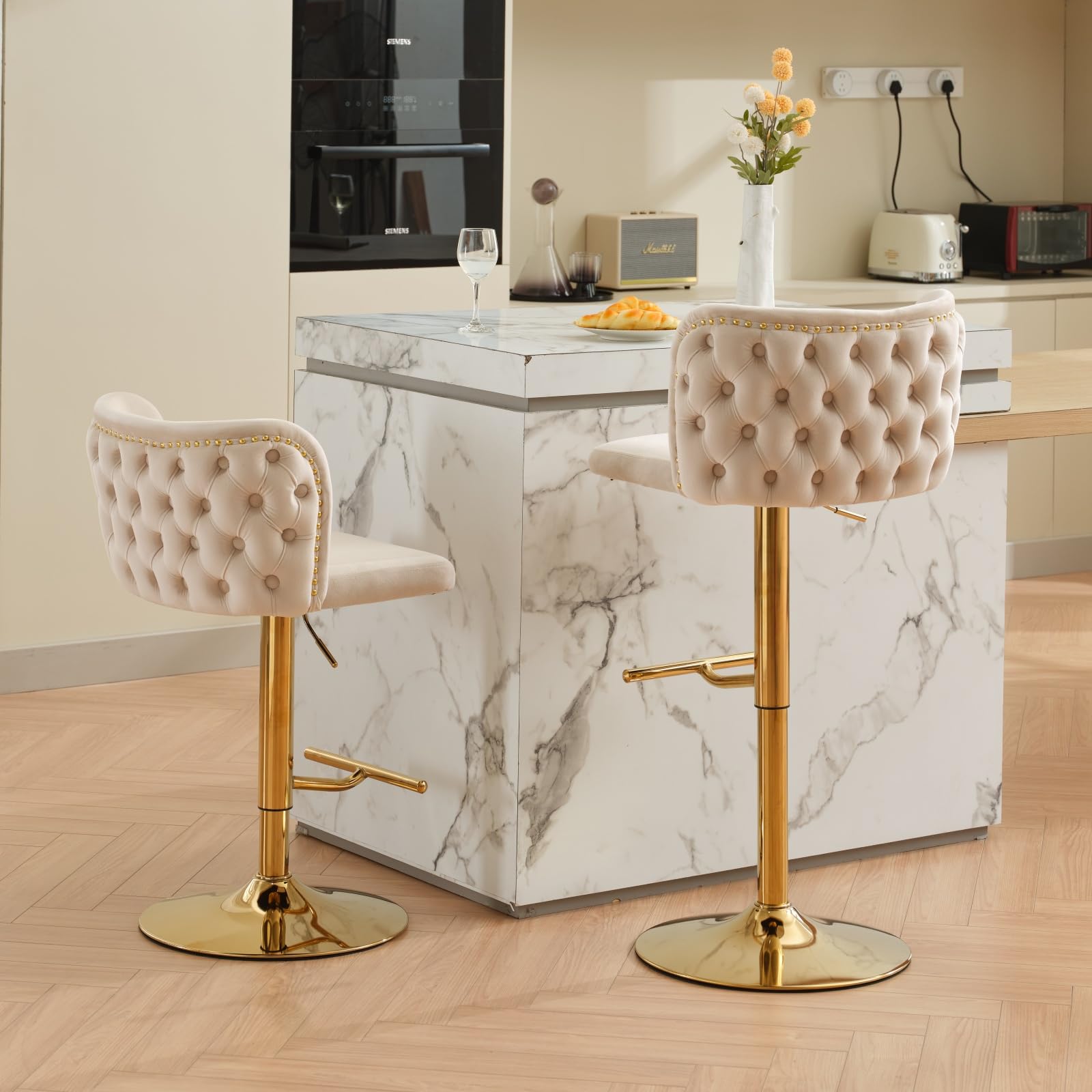 Set Of 2 Gold Bar Stools – Low Back, Velvet Upholstery, Adjustable Height, 360° Swivel, For Kitchen Island (Beige)