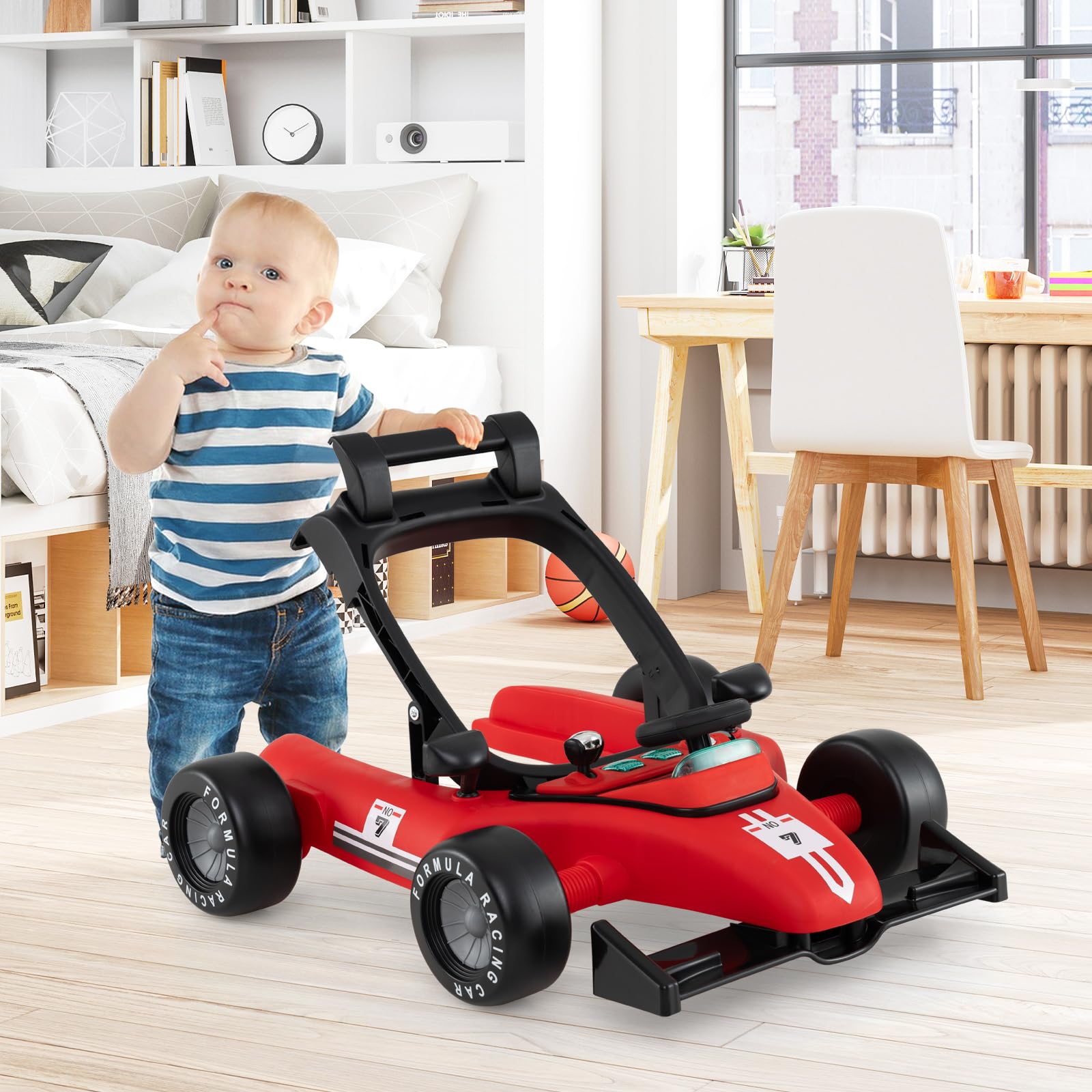 LIFEZEAL 4 en 1 Trotteur Bébé Evolutif avec 3 Hauteurs Réglables, Chariot de Marche Pliable avec Roues Universelles, Musique, Lumières, Trotteur d'Activité pour Garçon Fille 6-18 Mois, Charge 12 kg