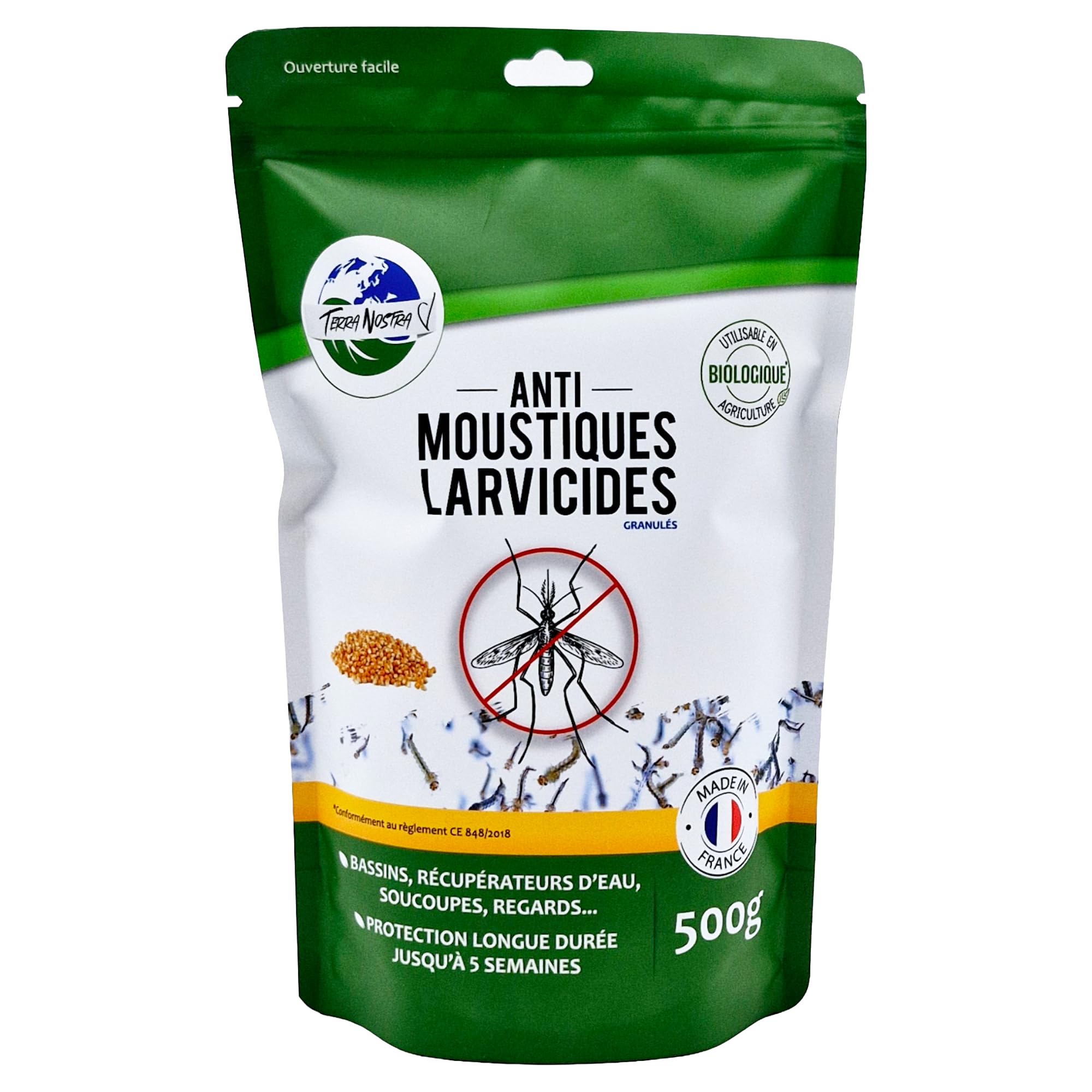 TERRA NOSTRA - Anti Moustiques Larvicides - Formulé avec du BTI - Compatible Fosse Septique - Traitement Eaux Stagnantes jusqu'à 25m² - Fabriqué en France - Pot 500g