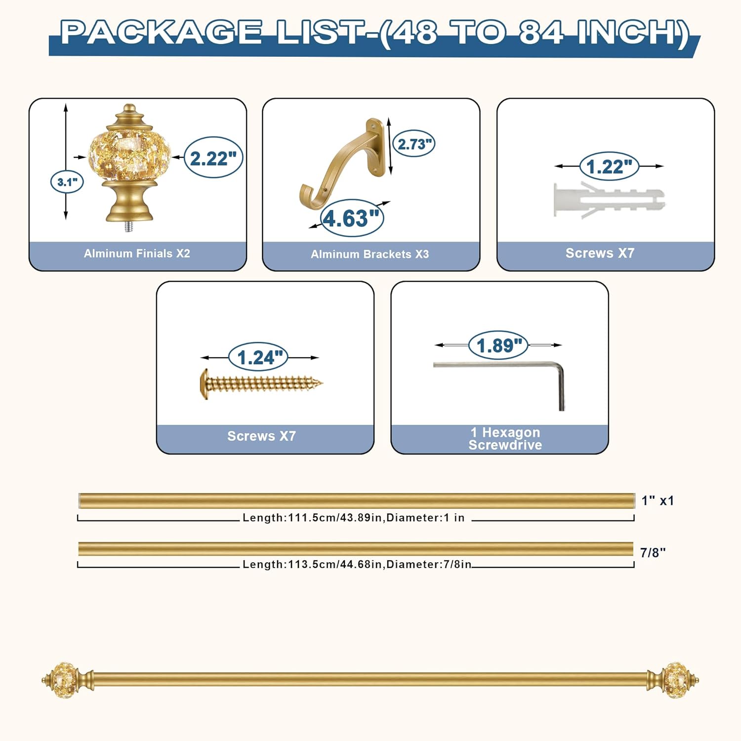 Heavy Duty Curtain Rods for Windows 48 to 84 Inch - 1 Inch Gold Curtain Rod - Adjustable Decorative Drapery Rods with Stacking Tower Full Transparency Finials and Aluminum Bracket