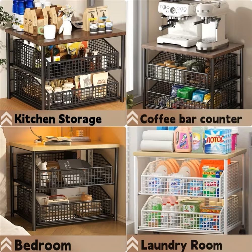 Kitchen Countertop Organizer with Drawer & Wire Basket, 3-Layer Fruit Storage Basket Snack Rack Hardwood, Desktop Pull-Out Metal Organizers for Coffee Maker Microwave Toaster & Spices (3-Layer Black)