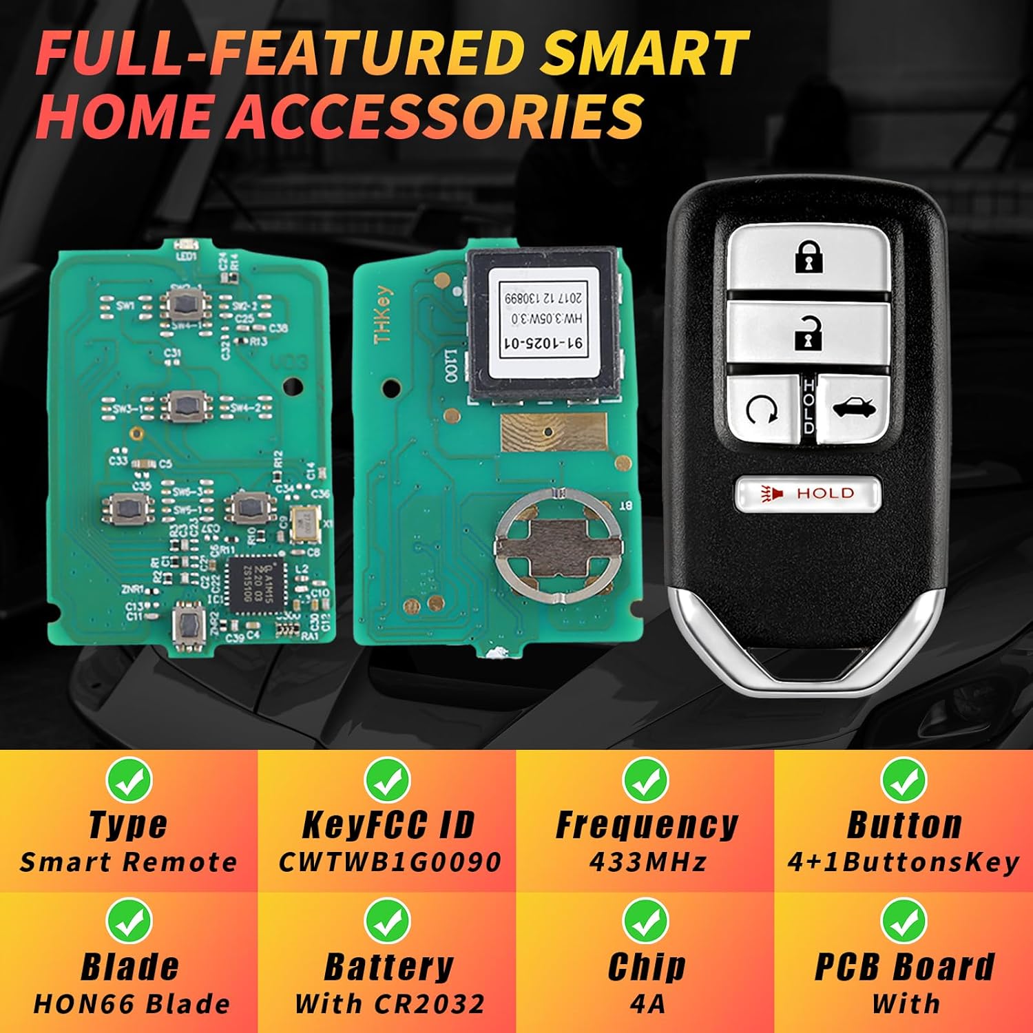 ABUDU fit for 2018-2022 Honda 10th Gen Accord Smart Key Remote Key Fob 433MHz 4A Chip 4 +1 Buttons FCC ID: CWTWB1G0090