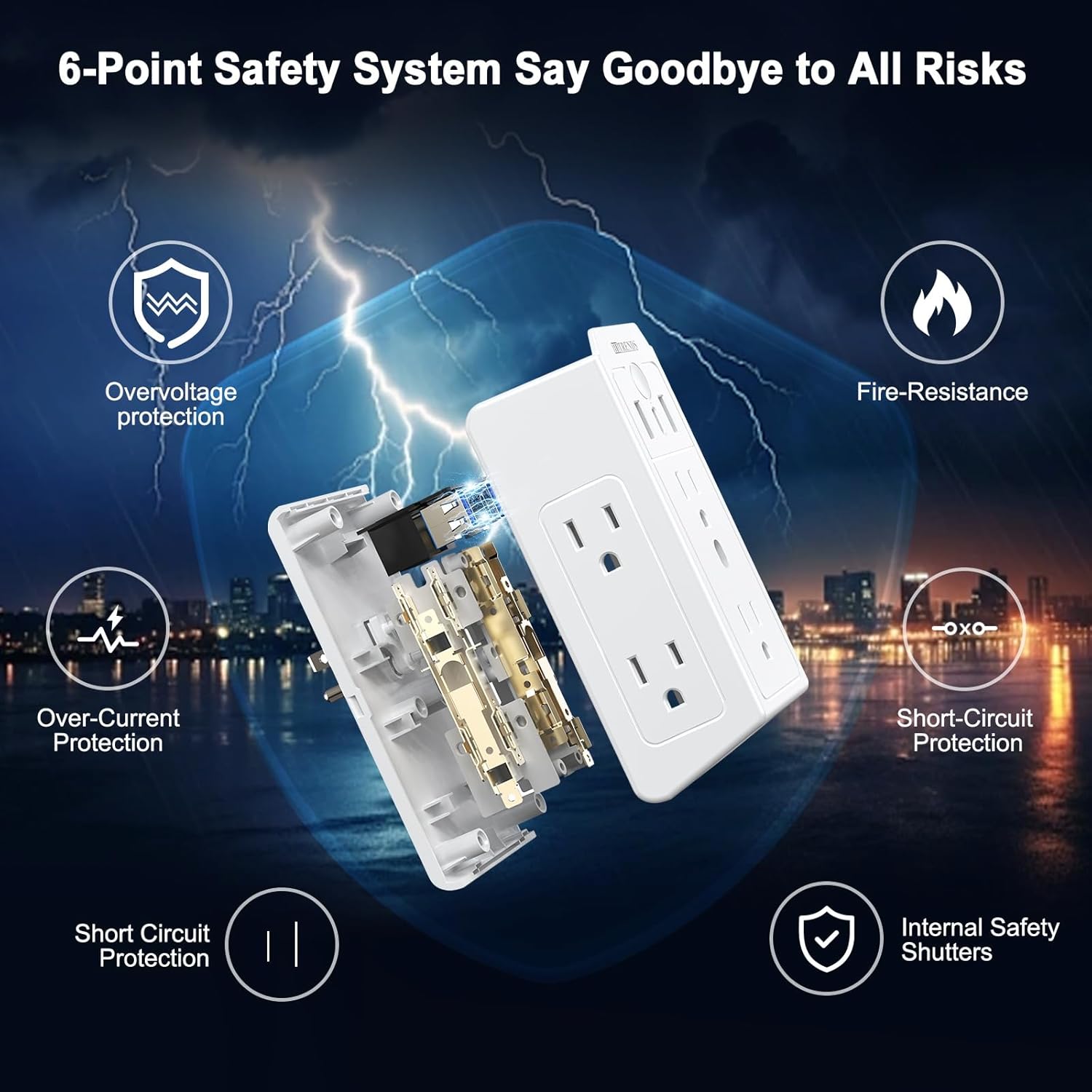 Wall Outlet Extender with Night Light, HITRENDS Surge Protector Power Strips, 2 USB-A Ports + 1 USB-C Port, 6 Outlet Extenders, Wide Spaced 3 Sided Design for Home Office Travel, White