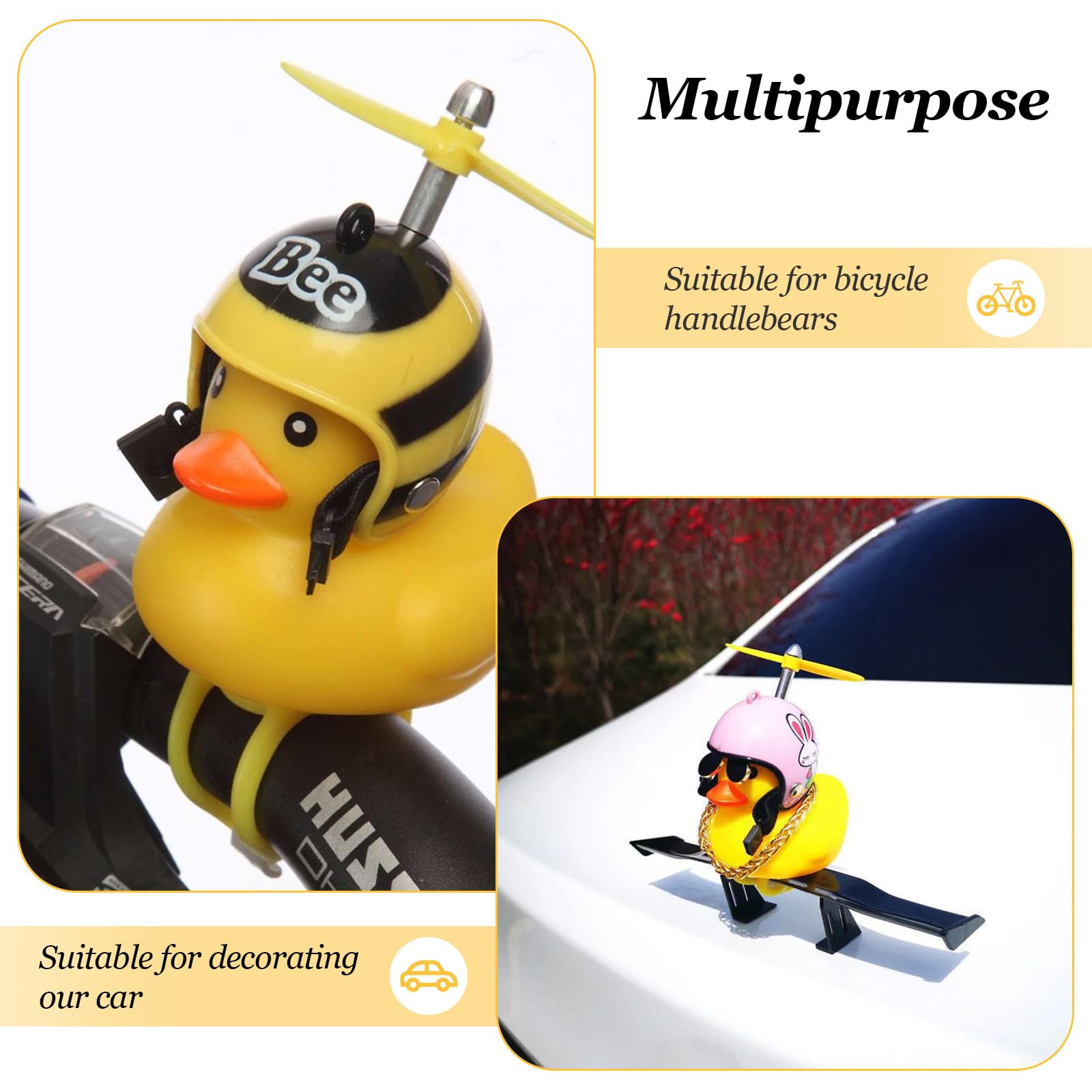 Paquete de 2 adornos de pato de goma para automóvil, decoración de tablero de coche de pato amarillo, cuernos de bicicleta con casco de hélice, vendaje y cadena dorada (abeja y tiburón)