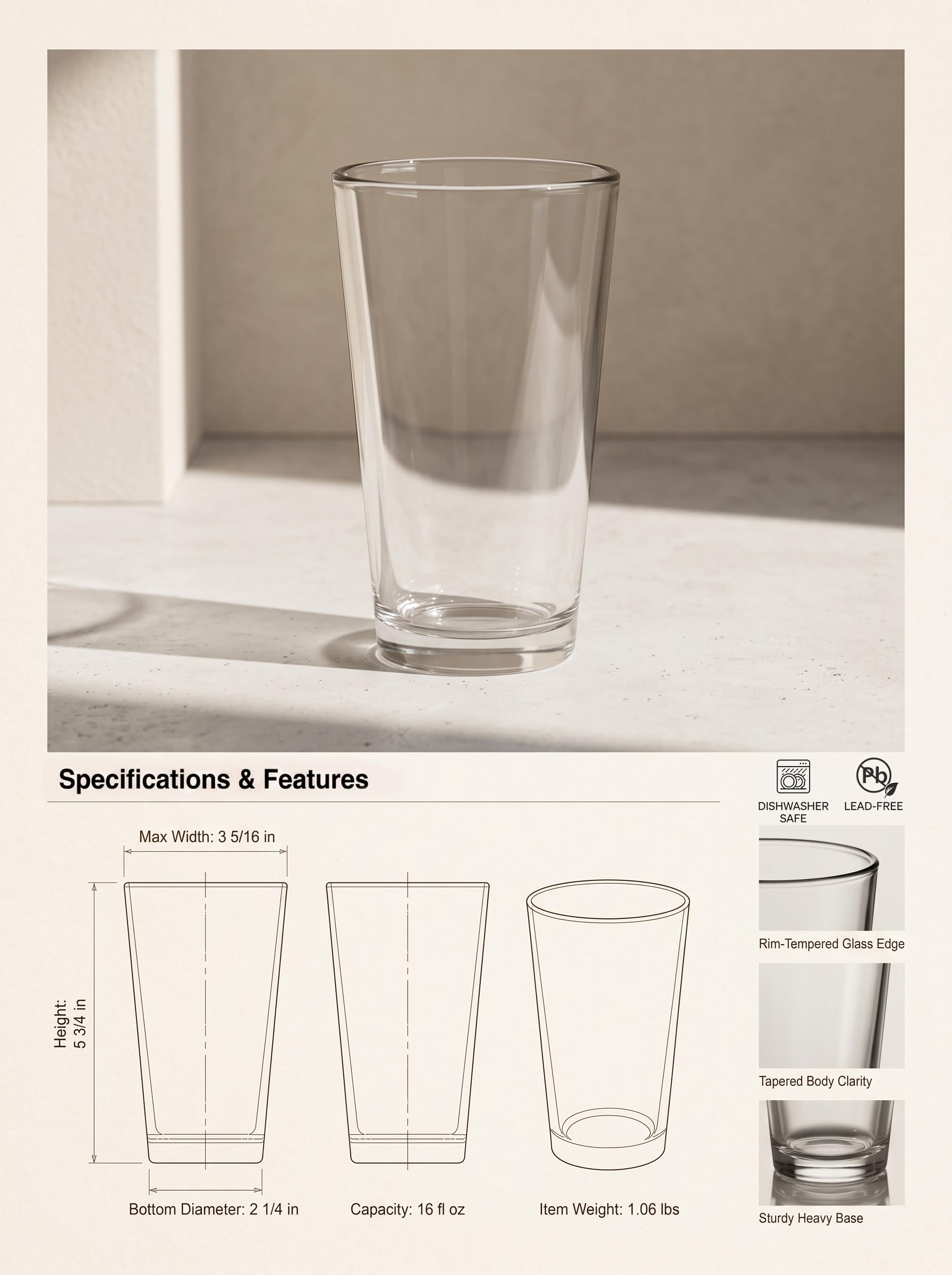 Necessia Pint Glasses - Set of 6 Heat-Tempered -2