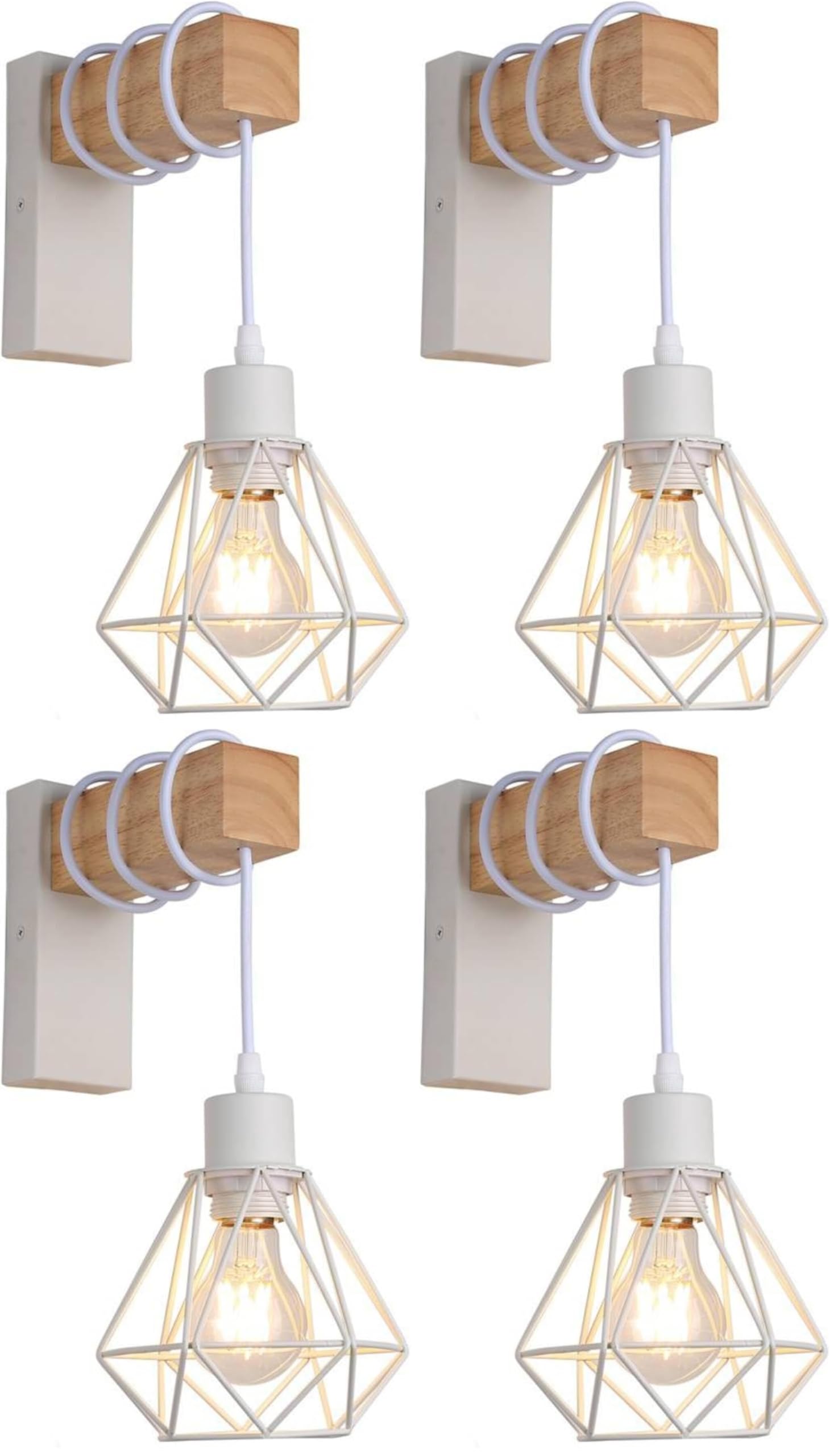 B·LED BARCELONA LED LedApplique da parete vintage in design industriale, lampada retrò in acciaio e legno, colore bianco, marrone, attacco E27 (LM133-B-Y) (Confezione da 4)