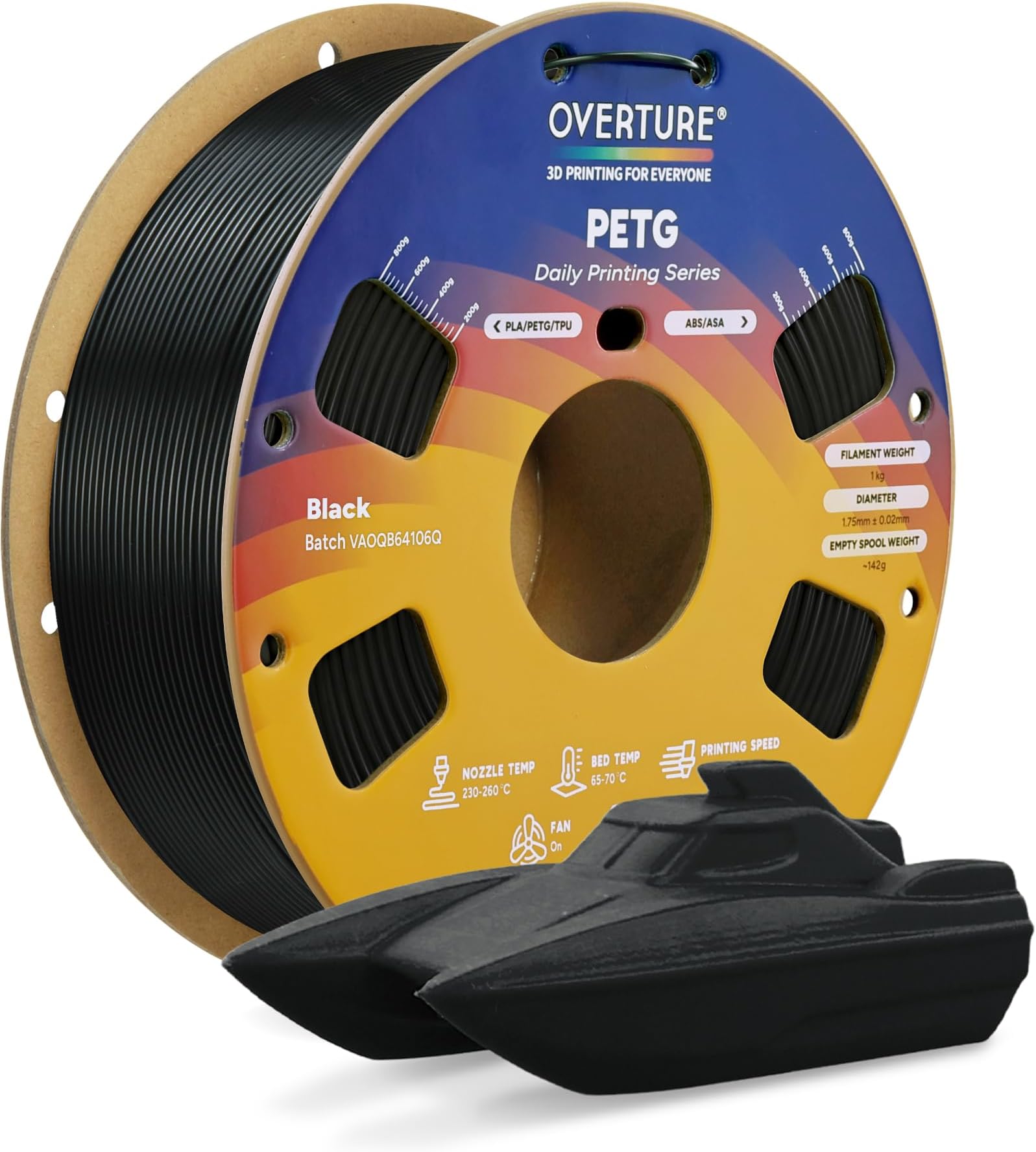 OVERTURE PETG Filament 1.75mm, 3D Printer Filament, 1kg Filament (2.2lbs), Dimensional Accuracy 99% Probability +/- 0.03 mm, Fit Most FDM Printer (Black (1-Pack))