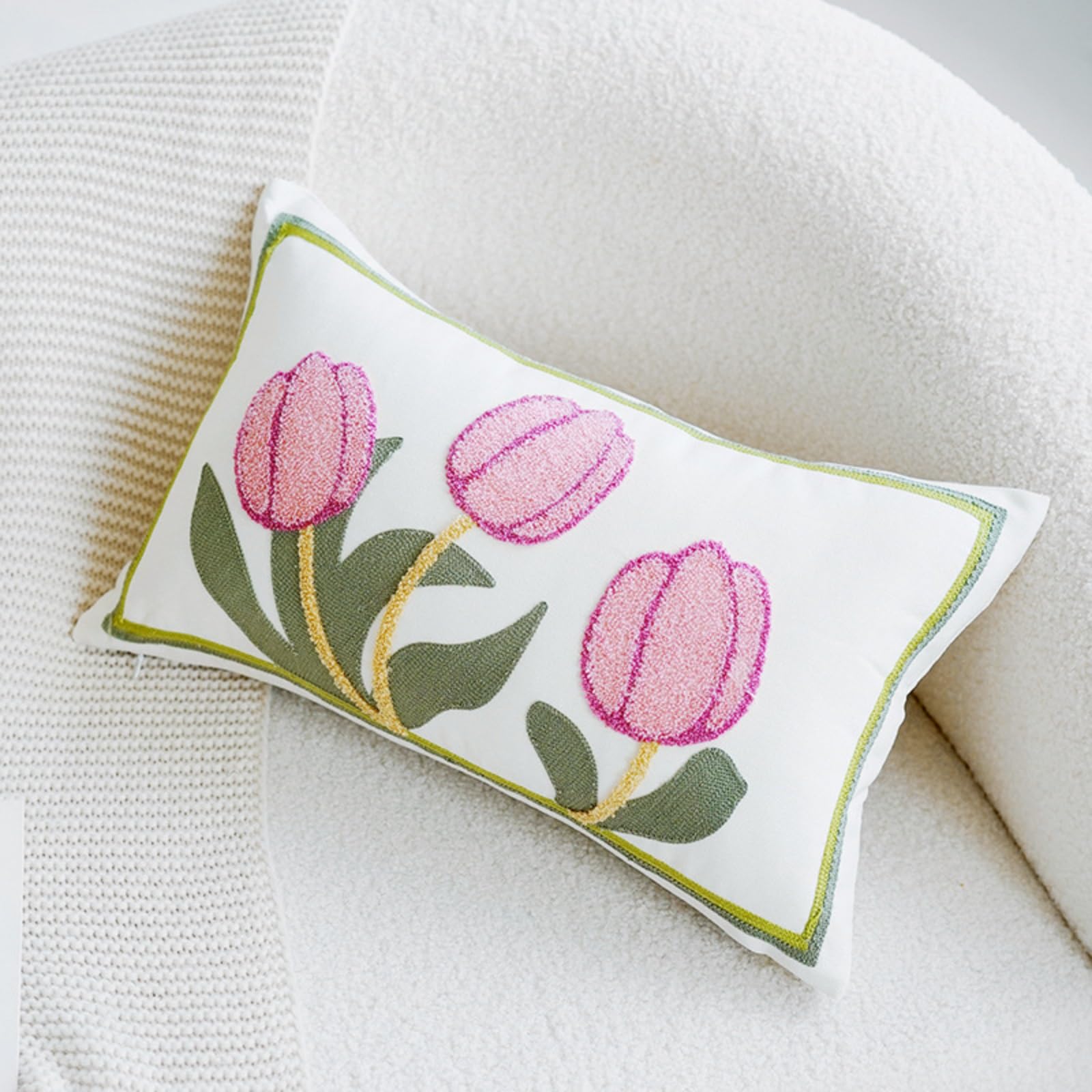 Housse de coussin tuftée en coton rose broderie florale carrée douce