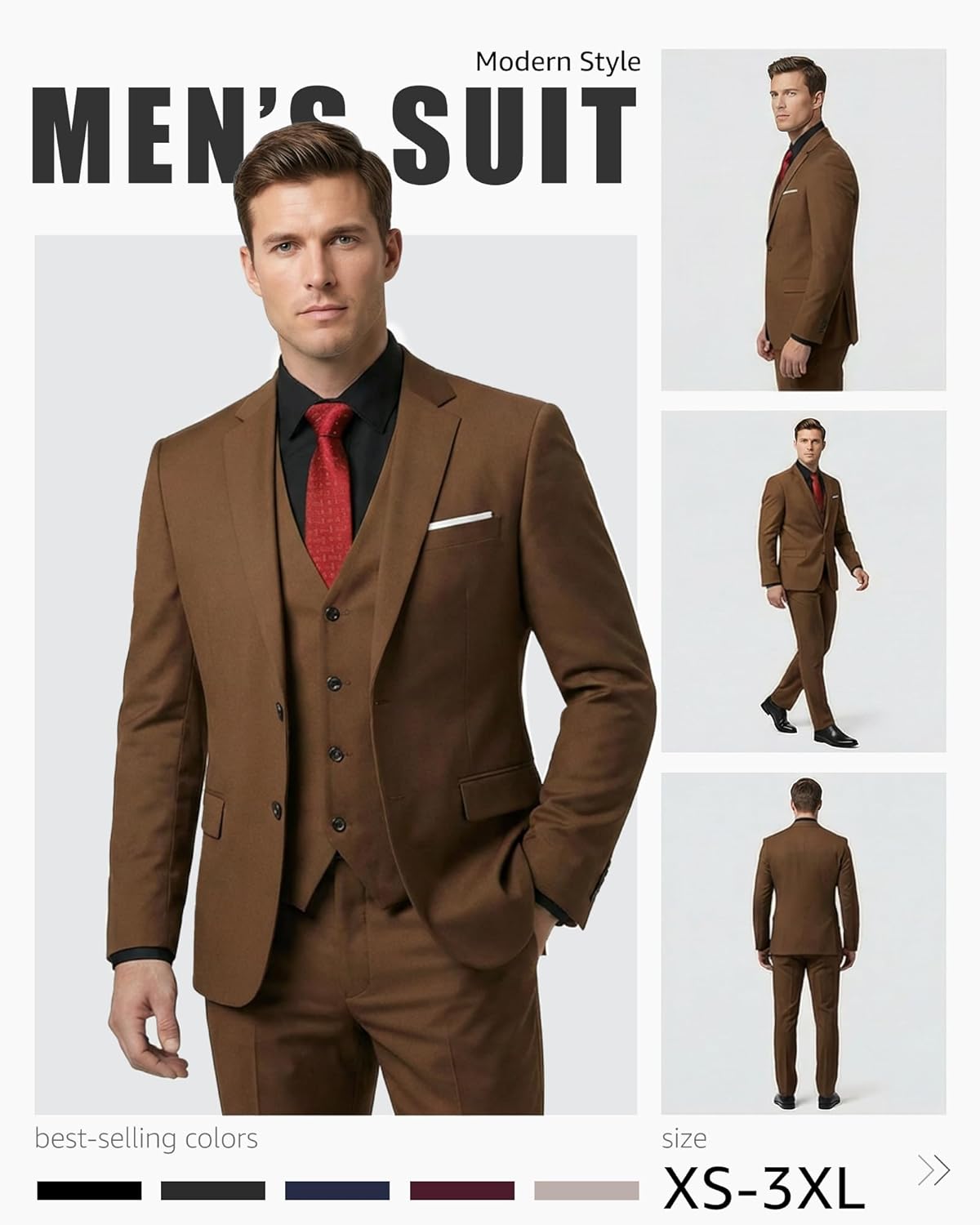 MrSure Men's 3 Pieces Suit, Solid Slim Fit Two Buttons Blazer Set, Jacket Vest Pants with Tie for Wedding Party Business