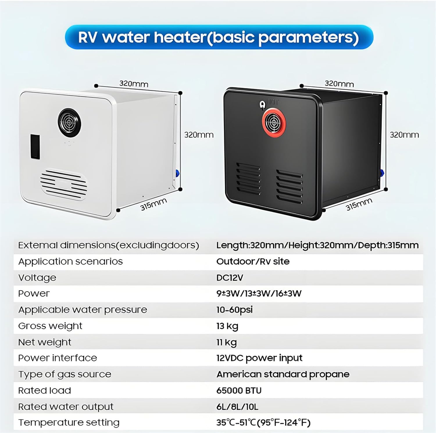 Instant Hot Water Heater for RV, 12V DC & Propane, 55,000 BTU, Remote Control, Compact Design for 15x15 Inch Opening, Ideal Camper Van Replacement, Fast Heating Solution