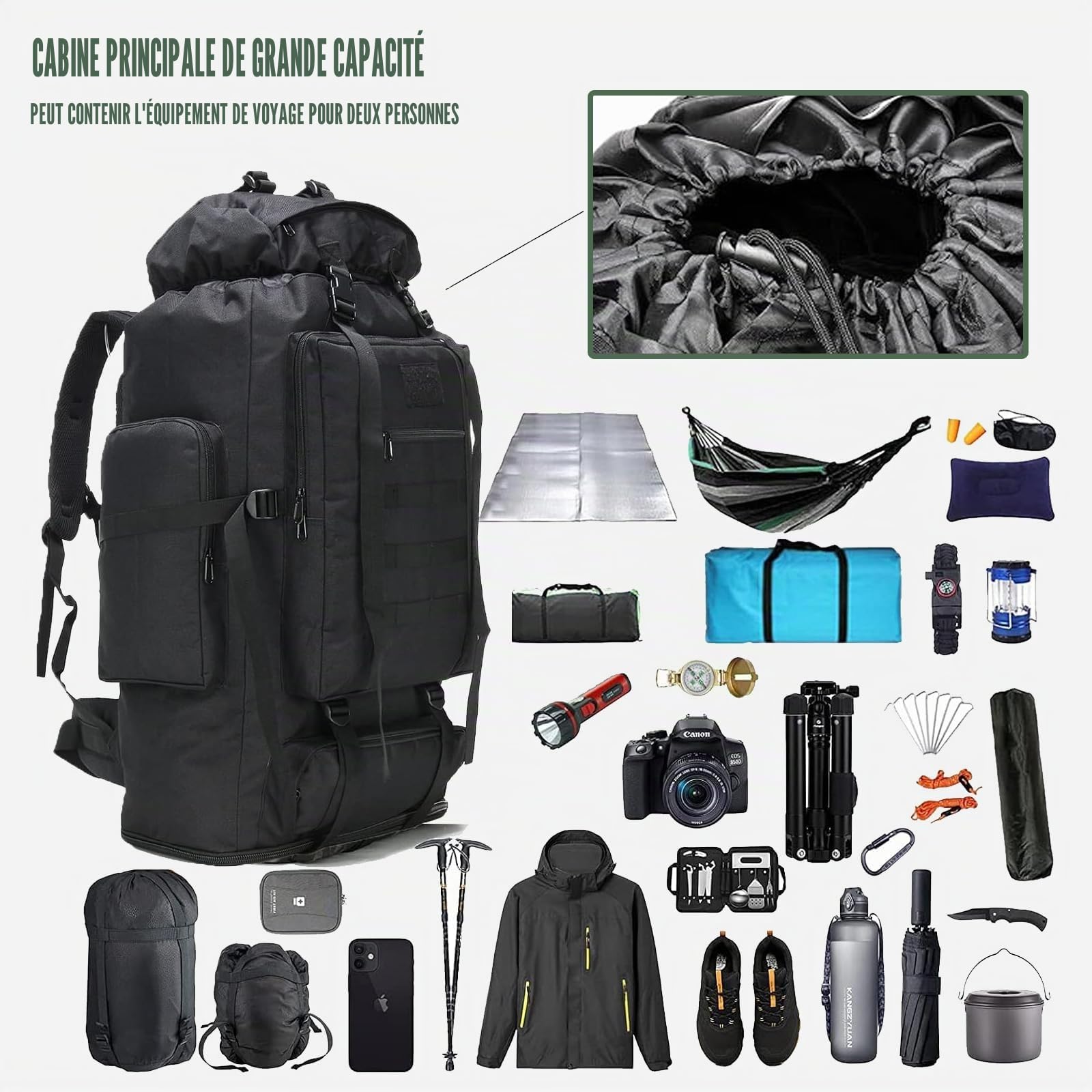 80L+20L Randonnée Sac à Dos, étanche grand sac à dos, Grand Capacité Respirant Multifonction pour Alpinisme Escalade Trekking Sport Voyage Camping