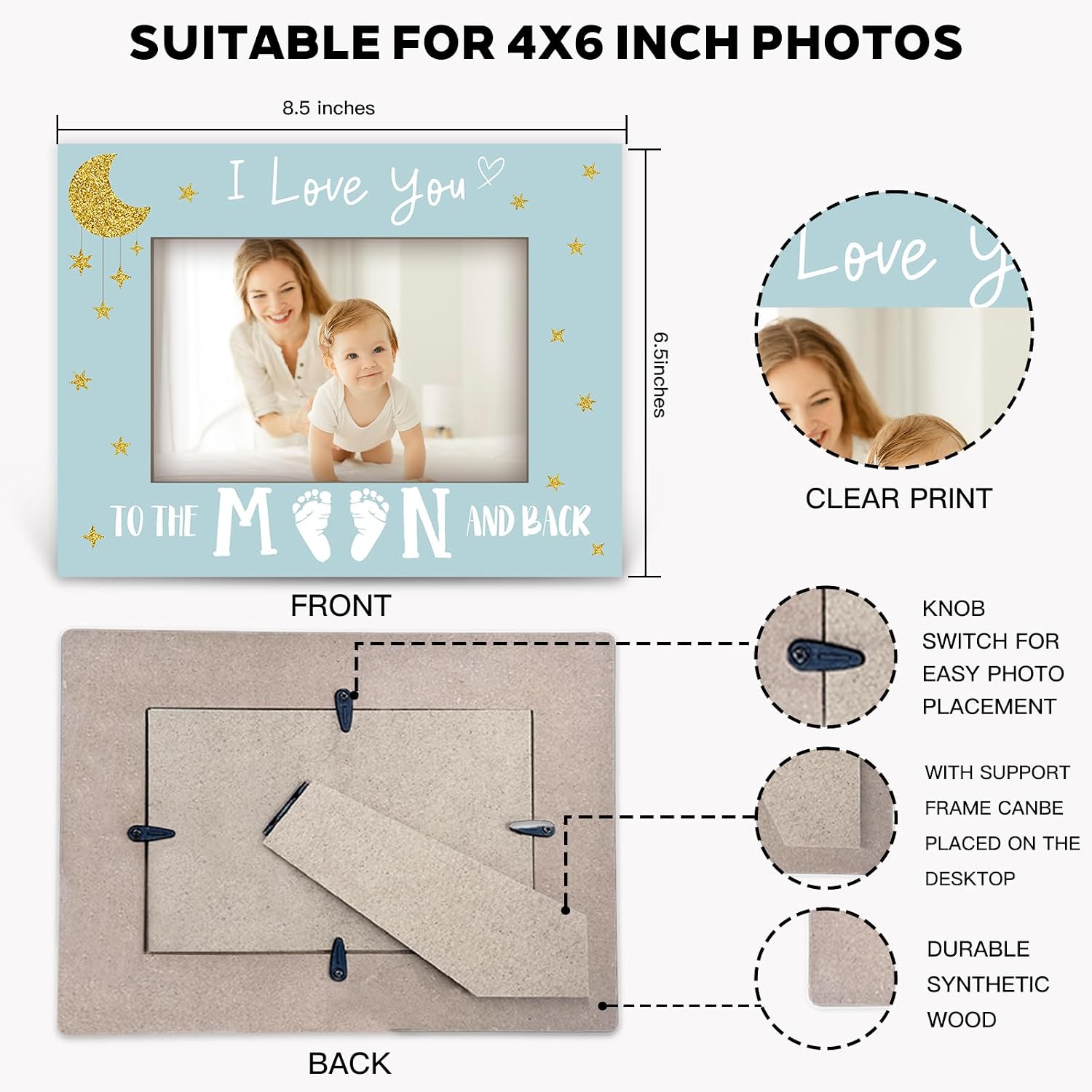 Baby Emoji Photo Frame - L Love You - Star And Moon Themed Horizontal Frame Suitable For 4X6 Inch Photos, Baby'S Full Moon Photo, Gift For Mother, Office/Home Desktop Decoration - A10 image 2