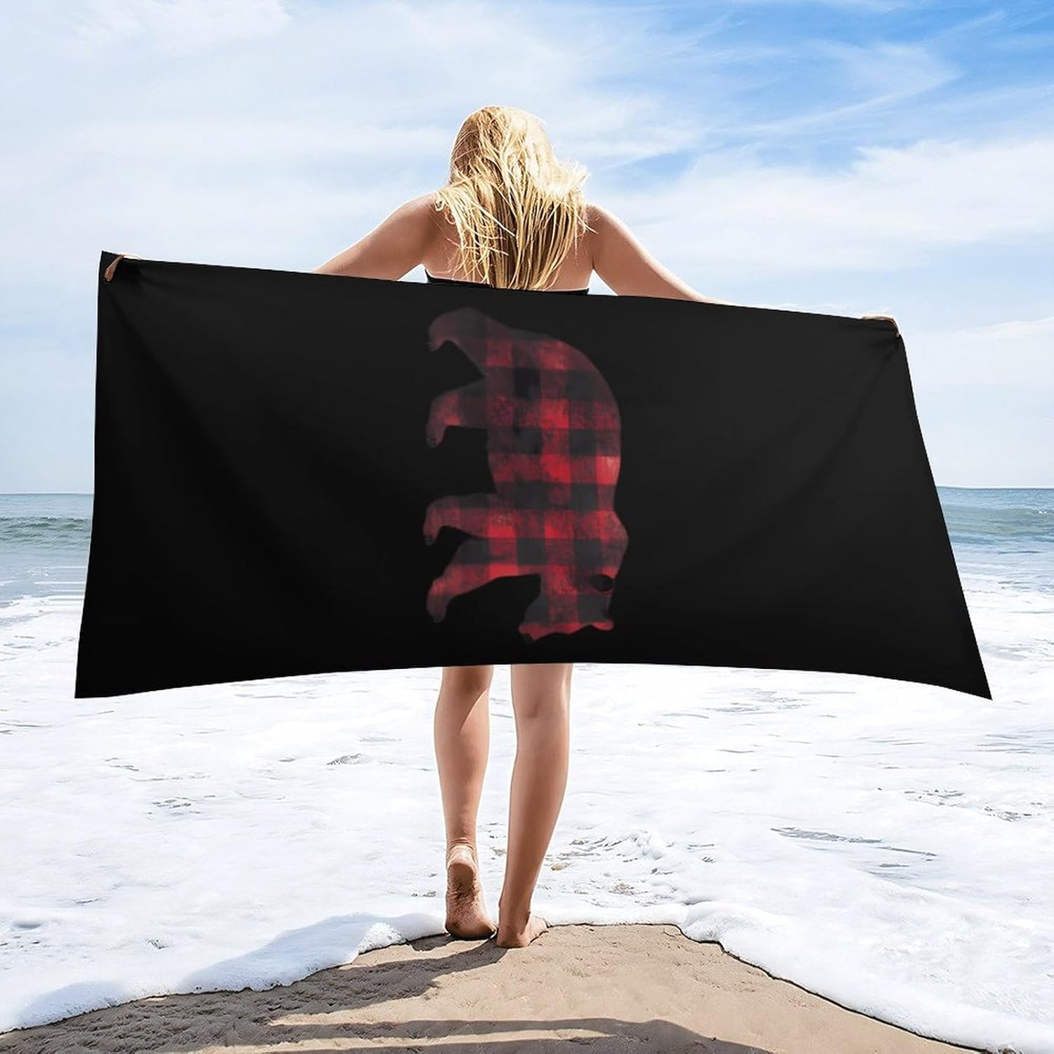 Red and Black Plaid Bear Beach Towels Oversized Jumbo Large Yoga Bath Towel for Pool Yoga Swim Body 160x80cm