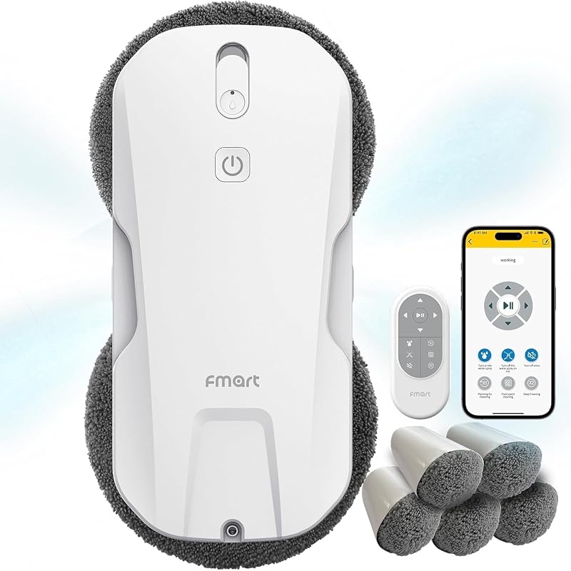 Robot limpiador de ventanas FMART T11 con 4 pulverizadores de agua ultrasónicos | Succión fuerte de 5300 Pa, ultrasilencioso <60 dB, robot de ventana delgado de 60 mm, planificación de ruta mediante IA SLAM 4.0, protección contra caídas y UPS de 50 min