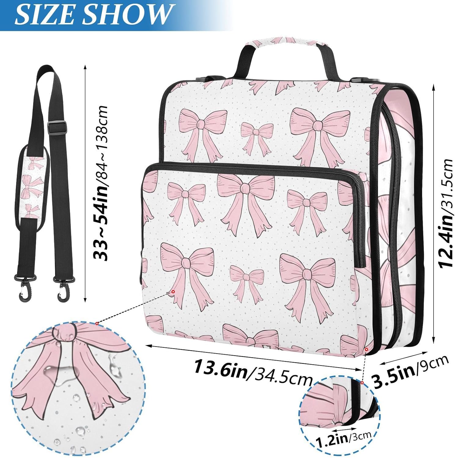 Pink Bows Waterproof Zipper Binder with Shoulder Strap, 3-Ring Trapper Keeper with Lay-Flat Design and Multiple Compartments for School & Office, Adults & Kids