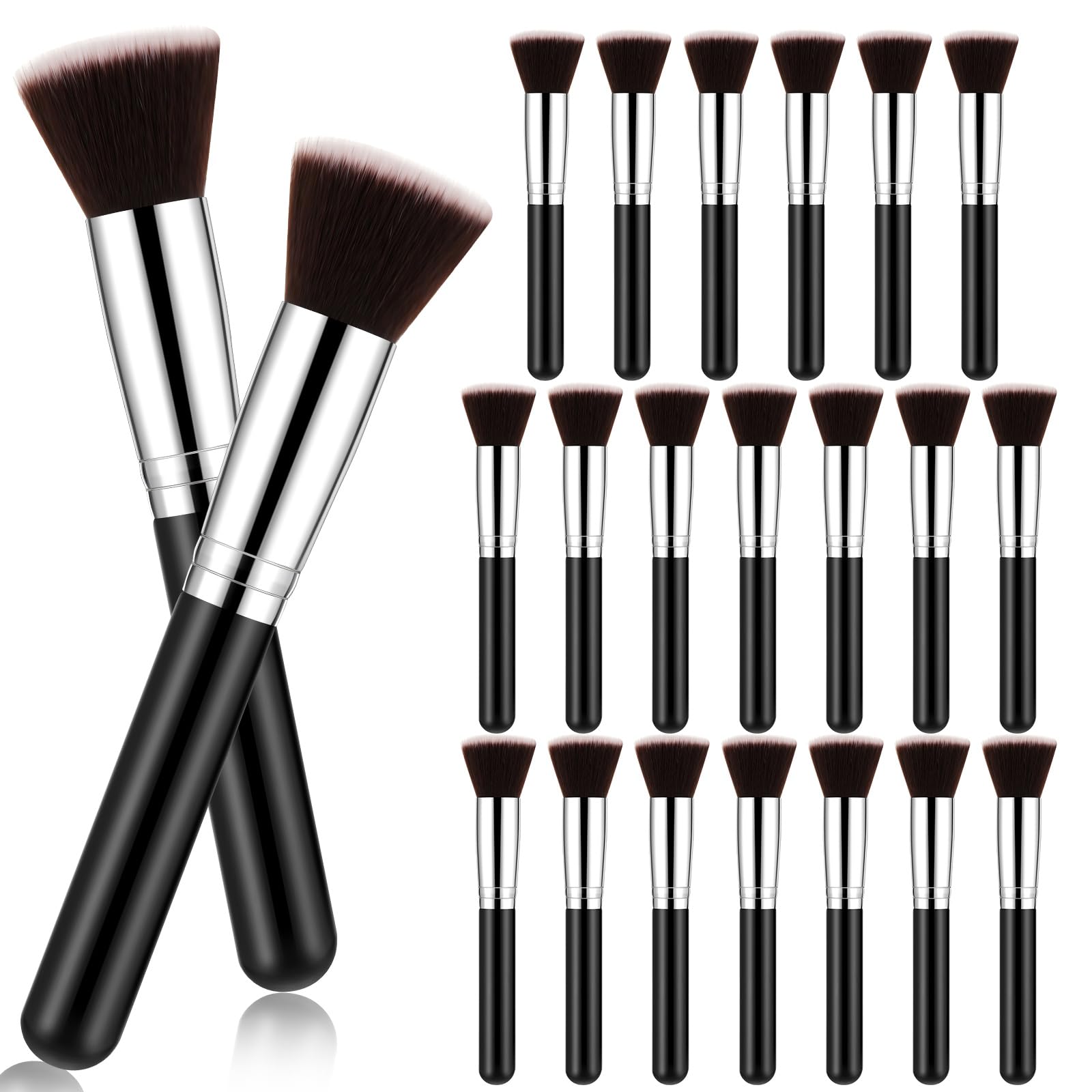 Baderke 20 Pcs Flat Top Foundation Brush Kabuki Cosmetics Synthetic Dense Face Blush Makeup Brush for Liquid, Cream, Powder, Blending, Buffing,