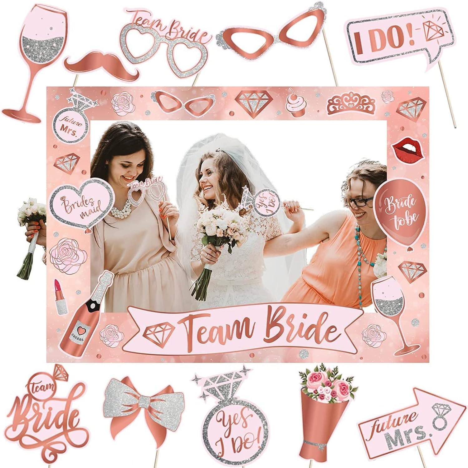 Hen Party Decoration25Pcs Photo Booth Props,Rose Gold Team Bride and
