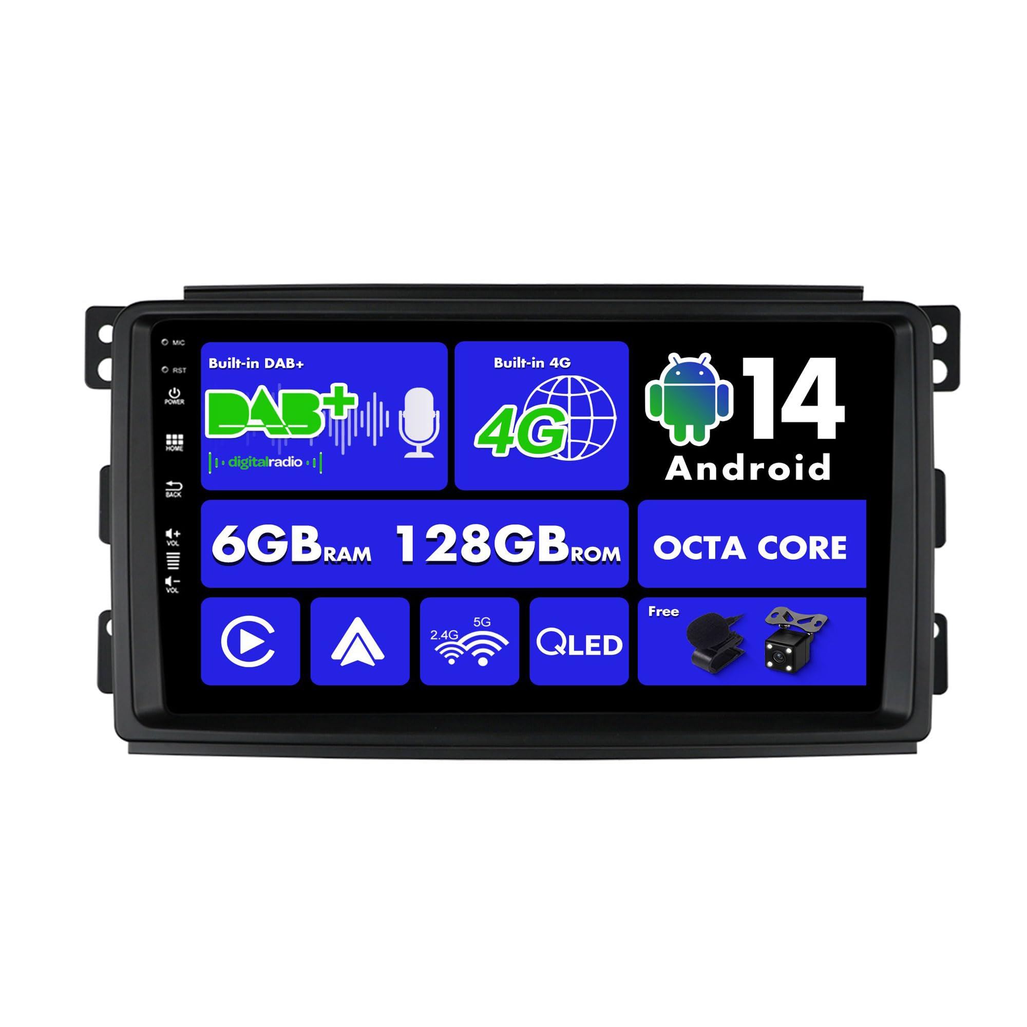 SXAUTO【Built-in 4G DAB】Android 14-6G+128G Car Stereo For Benz Smart fortwo 451 (2005-2010) - Wireless CarPlay/Android Auto - LED Camera + MIC - IPS 9 Inch 2 Din - SWC Fast-boot 360-CAM HDMI