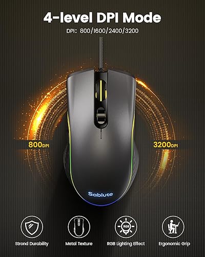 Miniatura 6 de SABLUTE Teclado y mouse para juegos, teclado de membrana silencioso con sensación mecánica retroiluminada RGB, teclados para juegos de PC, perilla