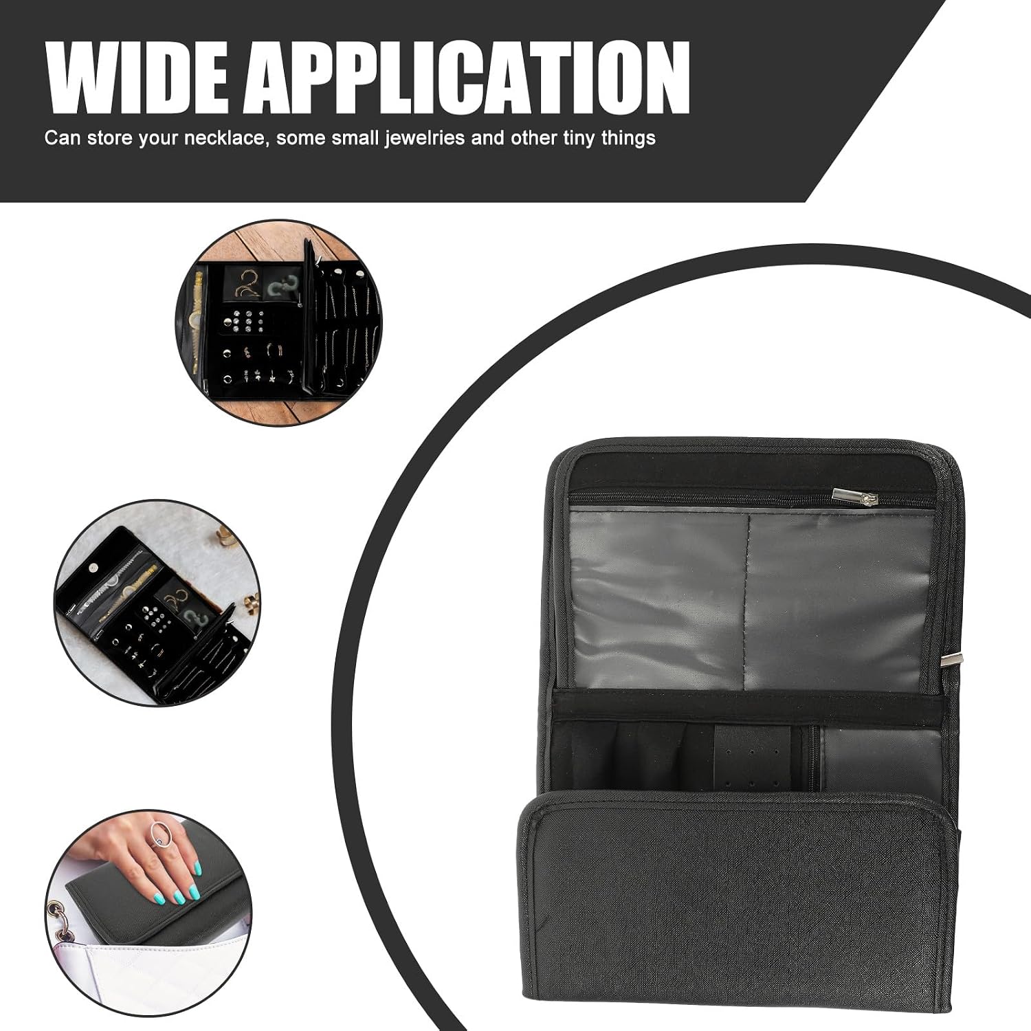 Multifunction Travel Jewelry Roll Organizer Bag for Necklace Earrings Rings Bracelet, Foldable Portable Black Jewelry Storage Holder for Travel and Daily Use