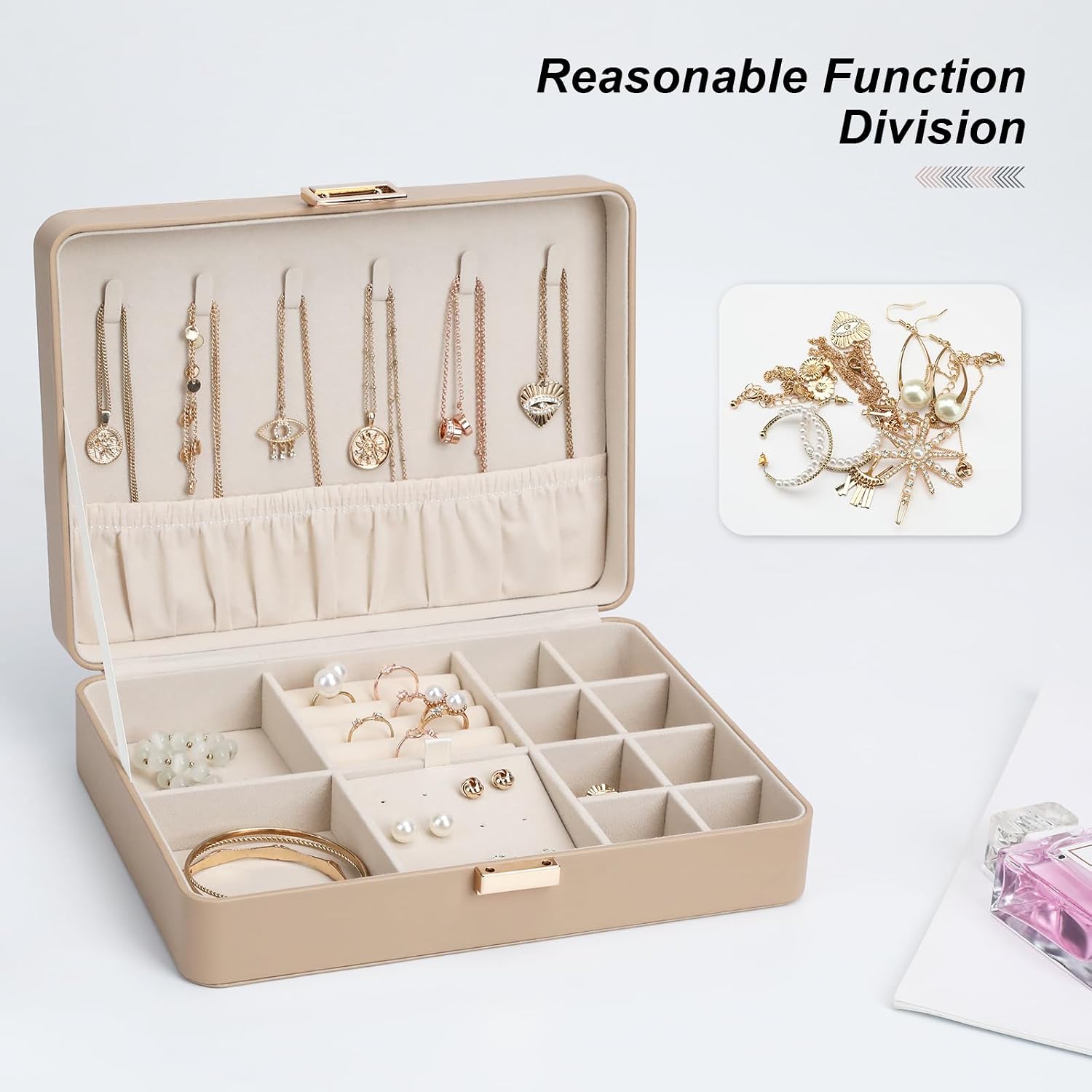 Leather Jewelry Box Elegant Small Jewelry Chest for Women Gift Box for Necklace, Ring, Earring Storage Portable Design for Travel & Home Use Apricot