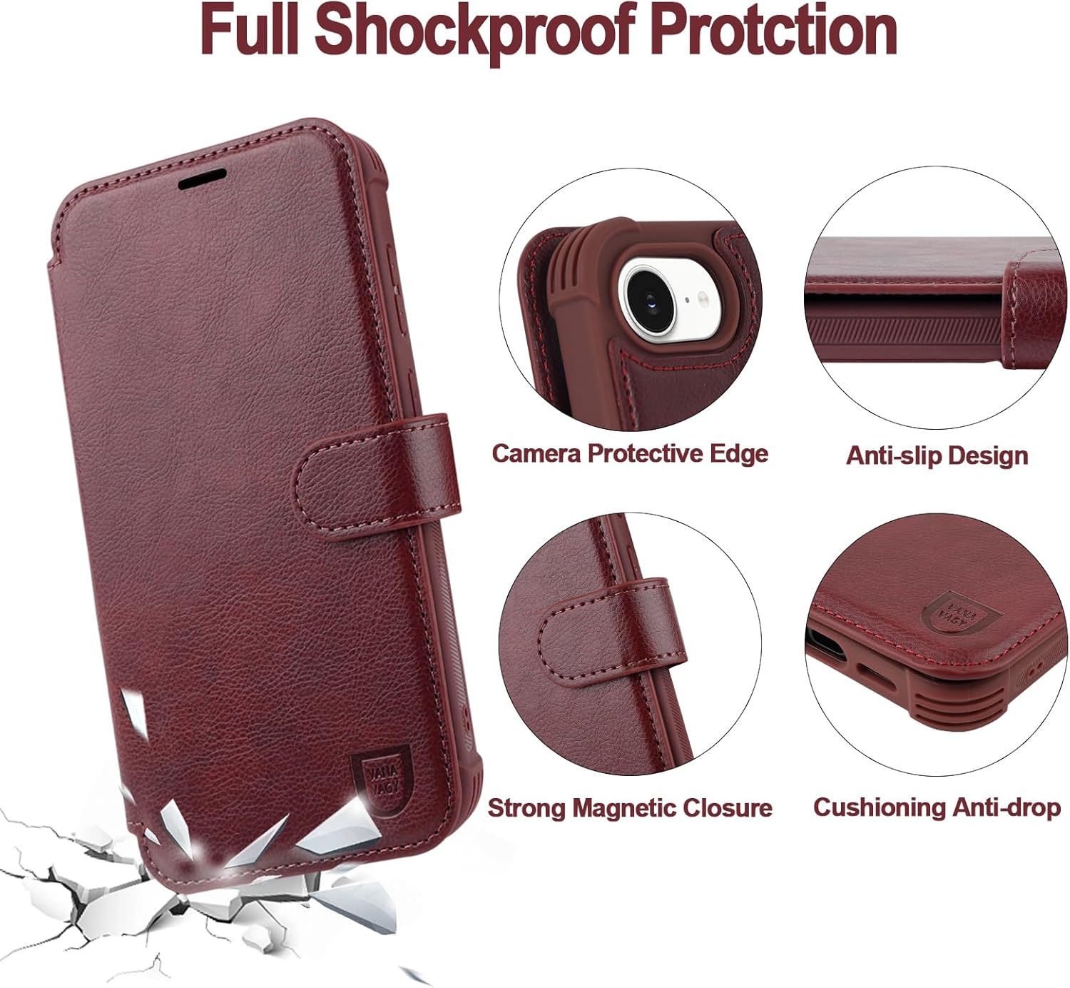 VANAVAGY Compatible for iPhone 16e/17e Wallet Case, Shockproof Flip Case with RFID Blocking Card Holder Strap Kickstand, [Camera Lens & Screen Cover] PU Leather Cover for Wireless Charging, Burgundy
