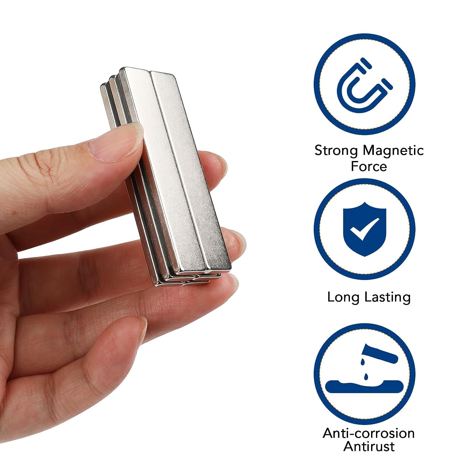 TRYMAG Neodymium Magnet, 50 Pack Strong Bar Magnets with Double-Sided Adhesive, Heavy Duty Metal Magnet Bar, Epoxy Coating Earth Magnets Perfect for Shower Door, Garage, Science, DIY - 60 x 10 x 3 mm