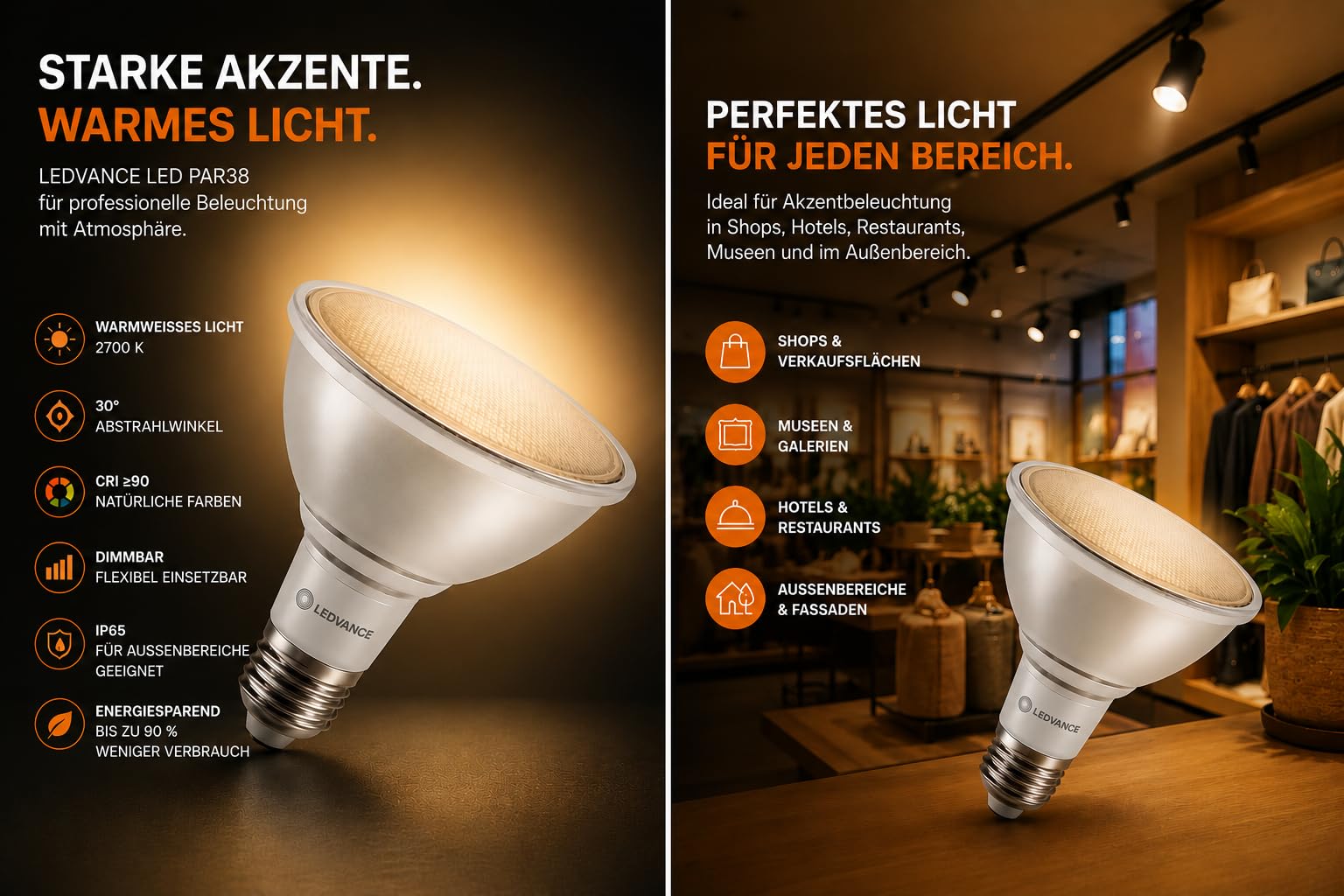 LEDVANCE 6x LED PAR38 Reflektorlampe, Warmweiß, 14,5W, E27, Dimmbar, 1035 lm, 30° Abstrahlwinkel, 120W Ersatz, 220-240V 6er SPARPACK