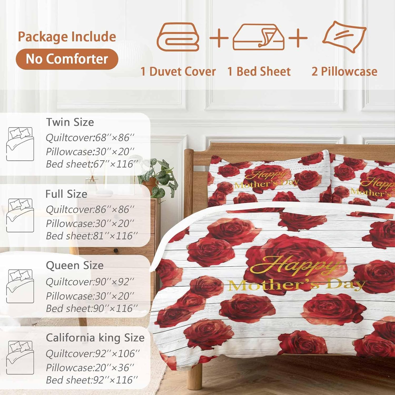 Duvet Cover Full Size - 4 Pieces Bedding Set, Happy Mother's Day Bedding Comforter Covers Zipper Closure, 1 Duvet Covers 1 Fitted Sheet 2 Pillow Shams Grey Wooden Farmhouse Red Roses