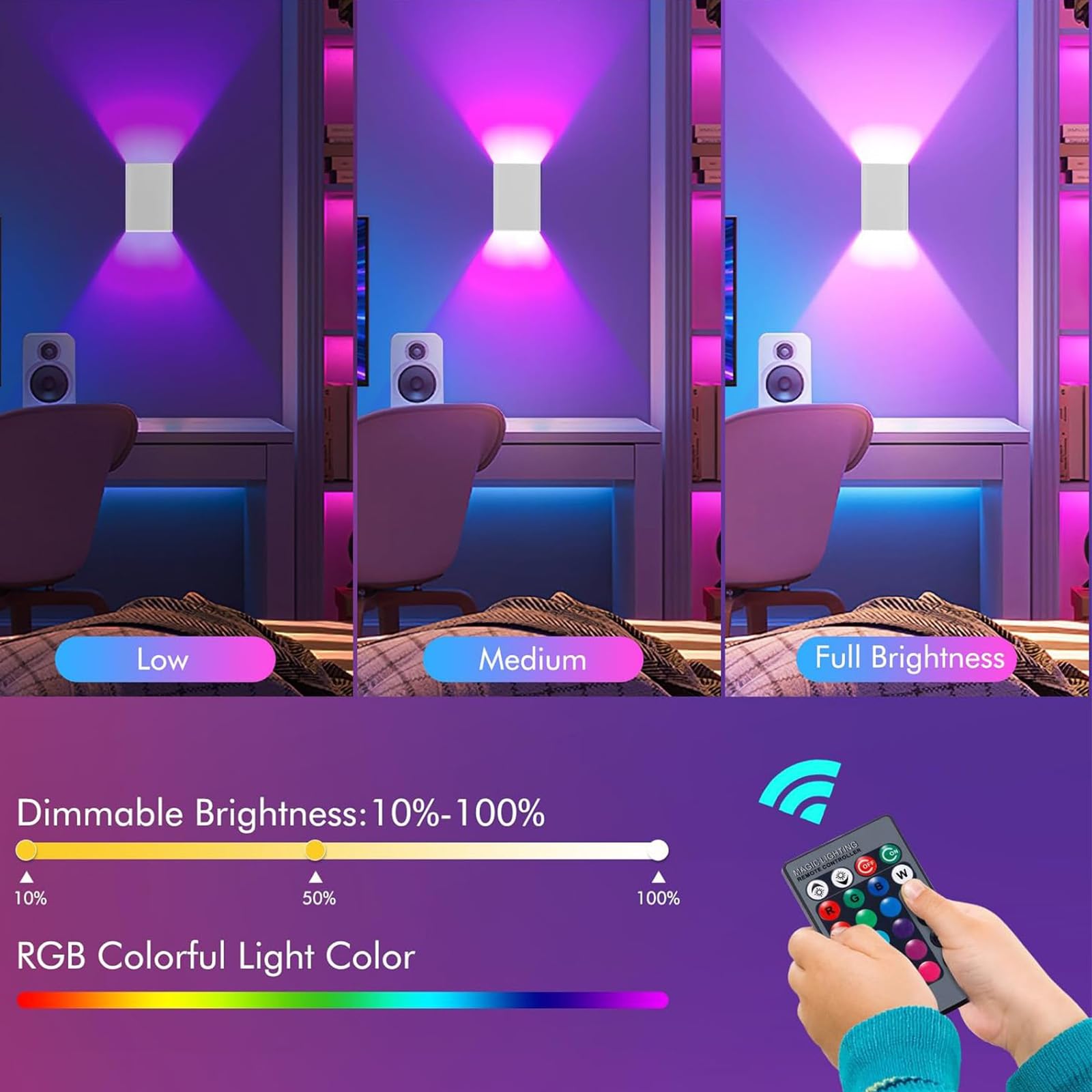 RGB Wandleuchten LED Dimmbare mit Fernbedienung Innen Wandbeleuchtung Raumdekoration Aluminium Wandlampen Up Down Beleuchtung Wohnzimmer Schlafzimmer Flur Treppenhaus (Weiß,2 Stück)