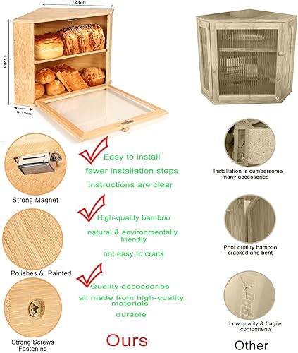 Vista 8 de Panera de esquina de doble capa – Panera de bambú de gran capacidad – Panera para encimera de cocina con separador ajustable, fácil de montar