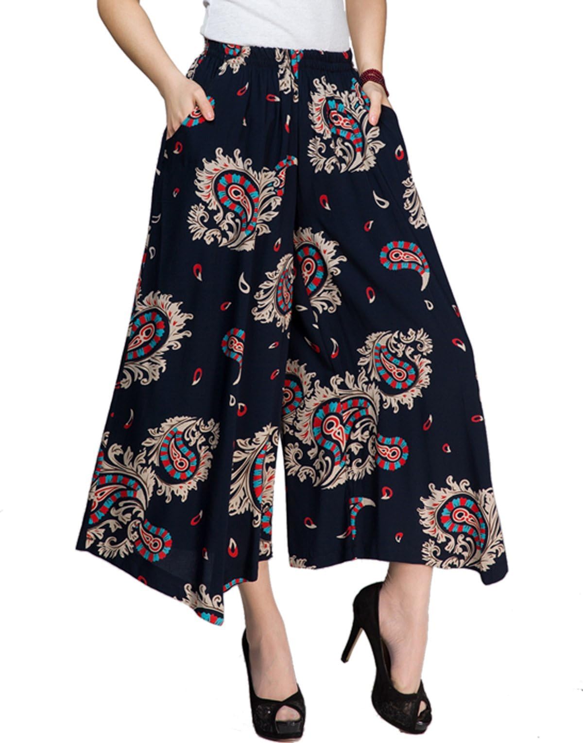 Womens Comfy Elastic Waist Cotton&Linen Floral Culottes Wide Leg Pants Color 12 Size S