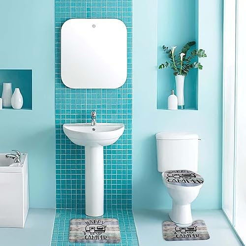 Miniatura 7 de Syhonic Juego de alfombras de baño de 3 piezas, alfombra de baño Happy Camping, tapete de contorno y funda para asiento de inodoro, tapetes de baño