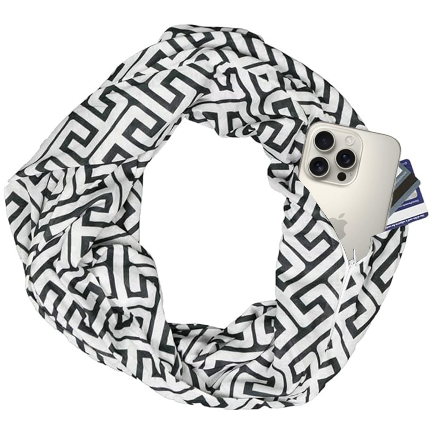 Pop FashionInfinity Scarf for Women - Travel Scarf with Hidden Pocket - Greek Key Pattern Scarves
