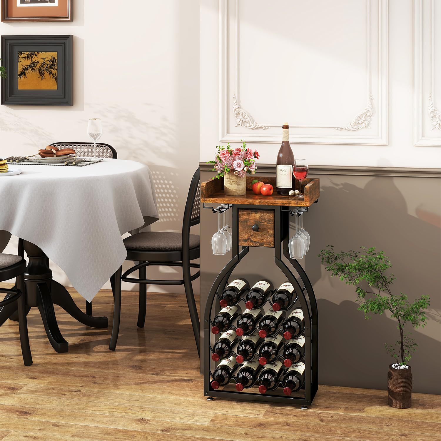 IBUYKE Portabottiglie da Terra per 15 bottiglie,Porta Vino con Porta Calici e Cassetti,Organizzatore da Bar per Bottiglie di Vino,Cantina Vino per Cucina, Sala da Pranzo,Bar,Marrone,TMJ908H - 4