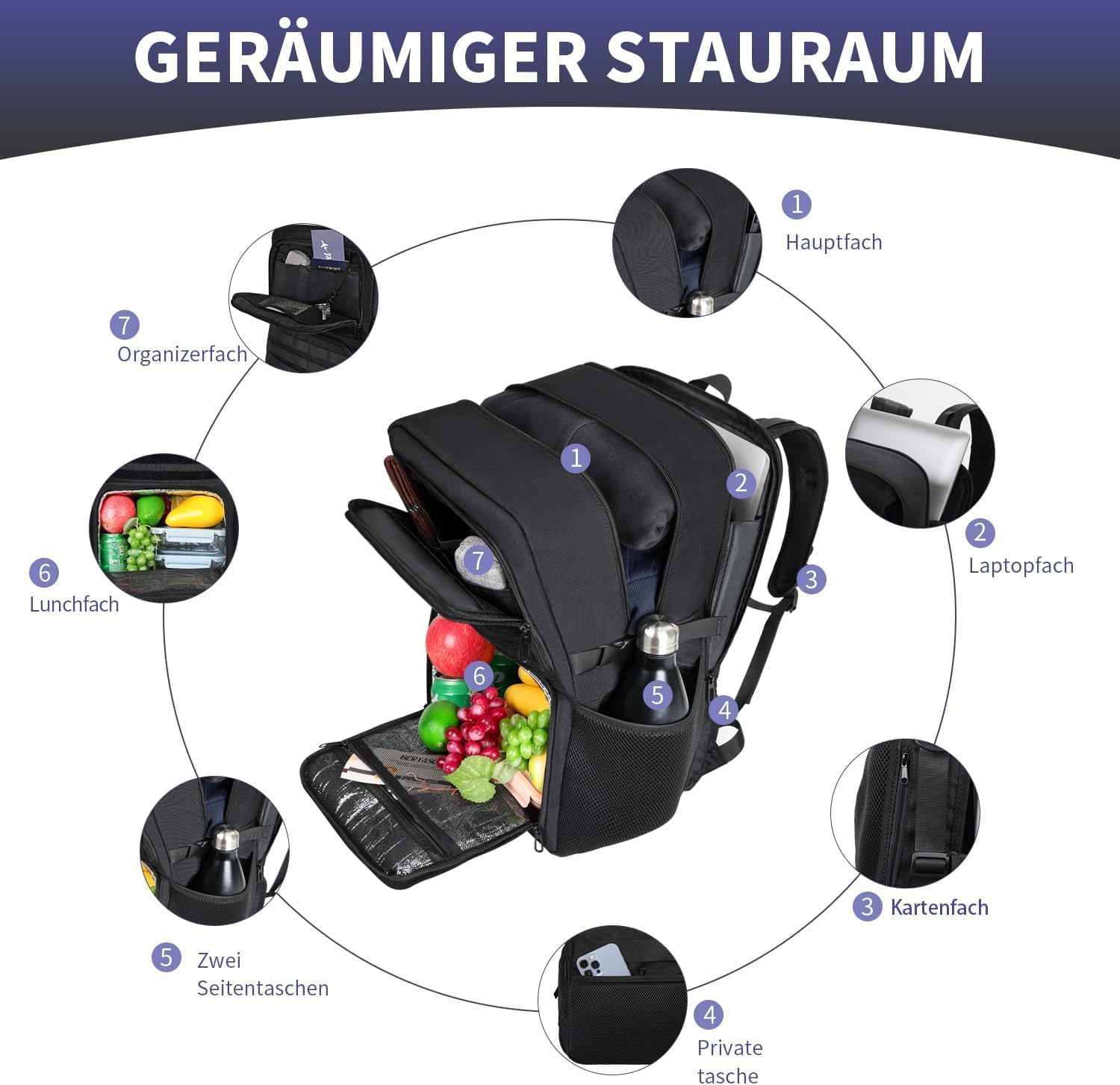 BERTASCHE Zaino da pranzo con scomparto termico isolato, 17,3 pollici, zaino per computer portatile da uomo, tattico, lavoro, scuola, picnic, viaggi, nero