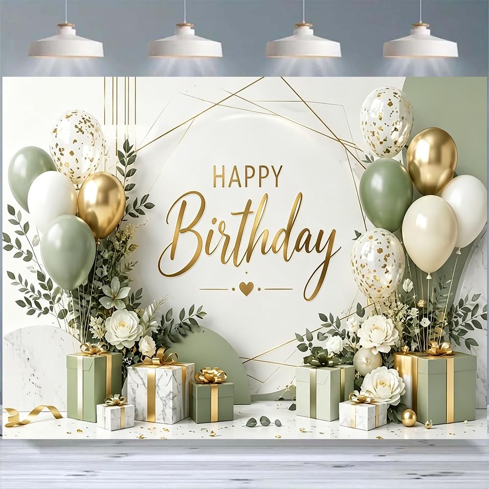Toile de fond pour anniversaire Motif floral marbré Vert sauge